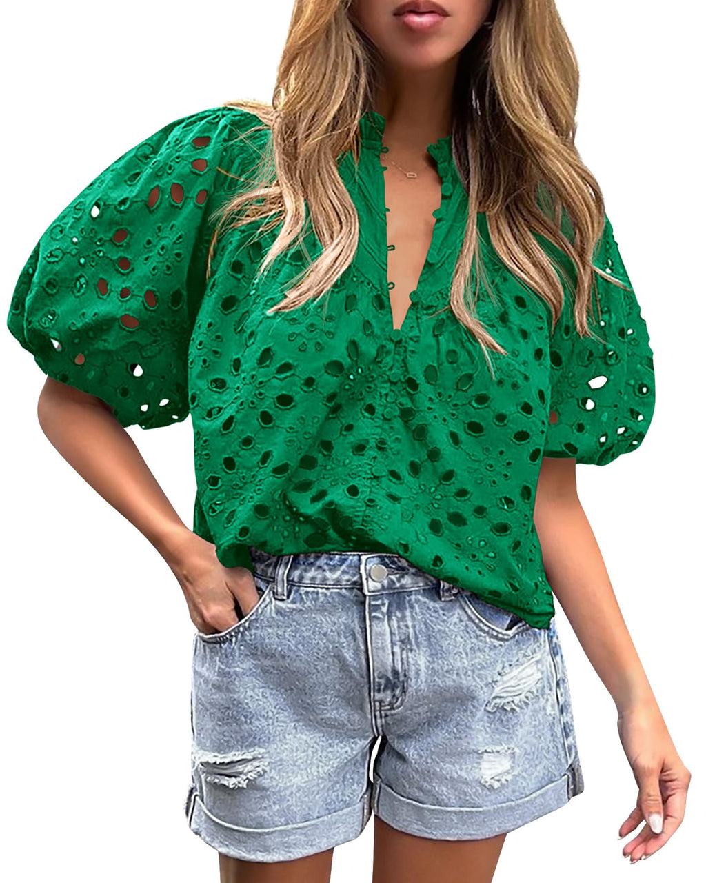 PRETTYGARDEN Women's Summer Tops Dressy Casual Short Sleeve V Neck Buttons Hollow Out Lace Embroidered Blouses Shirts