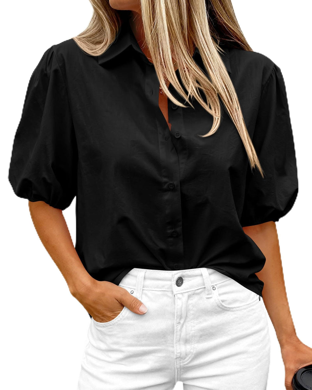 BTFBM Women's Button Down Shirts Short Puff Sleeve Collared V Nec Summer Tops Dressy Casual Work Business Blouses