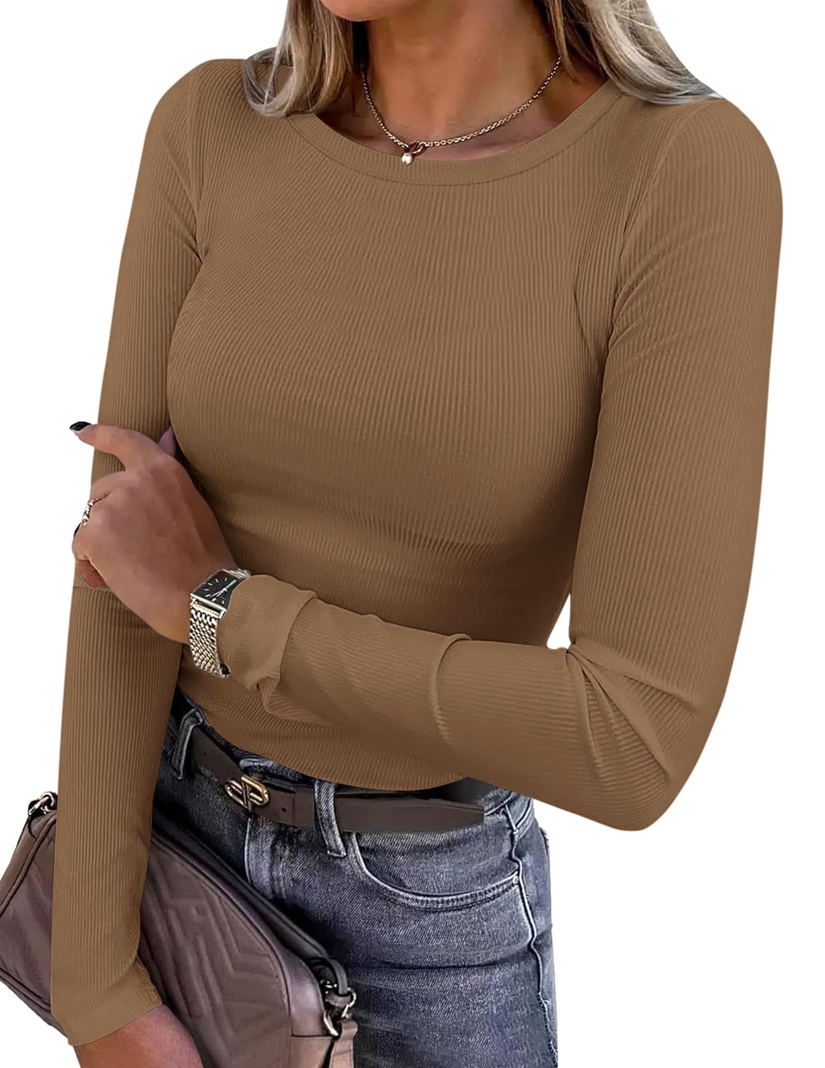 PRETTYGARDEN Women Fall Clothes Long Sleeve Shirts Ribbed Knit Fitted Basic Tee Going Out Tops Underscrub Casual Outfits