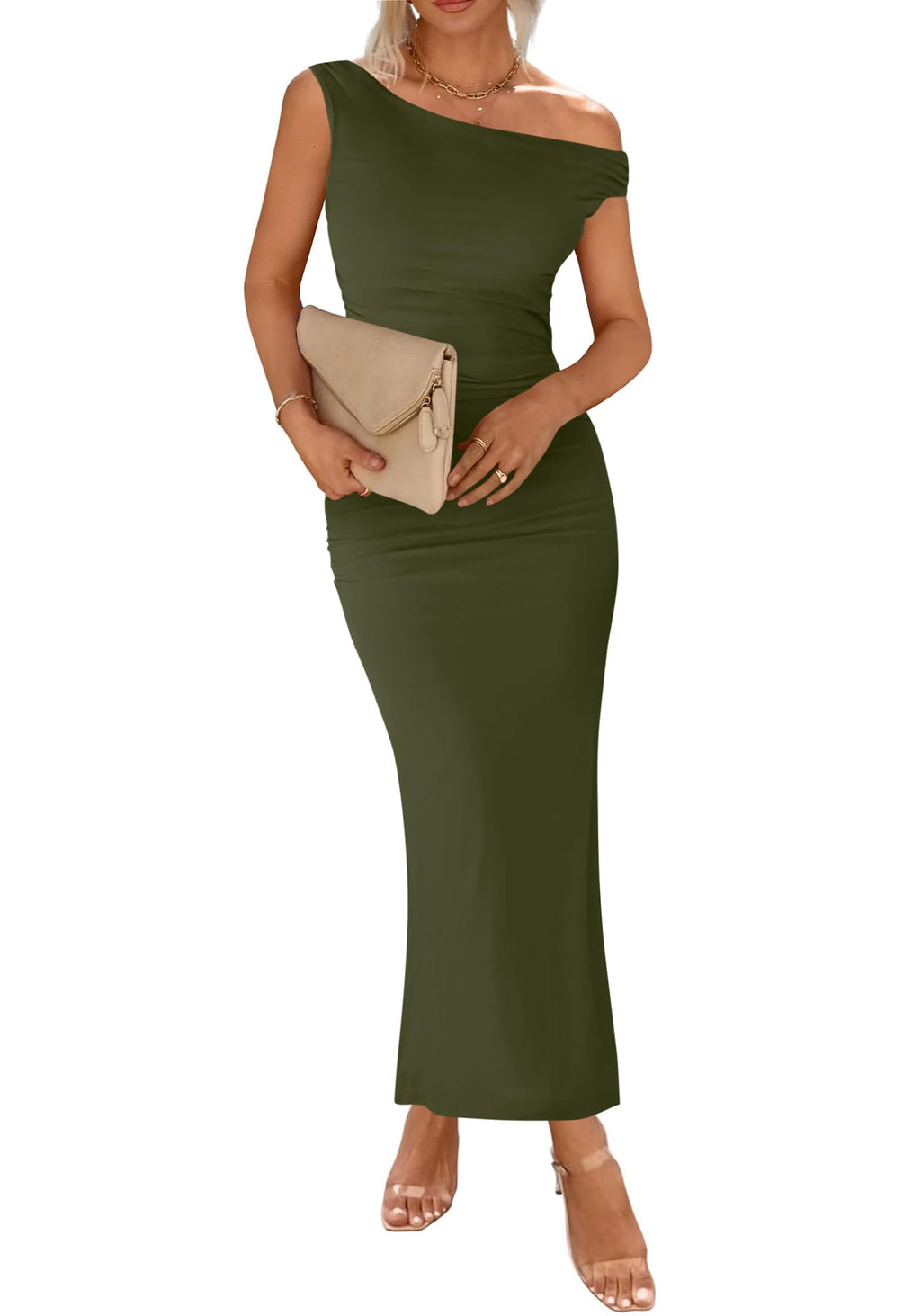 BTFBM Summer Wedding Guest Dresses for Women One Shoulder Bodycon Ruched Mesh Formal Cocktail Spring Fall Maxi Dress