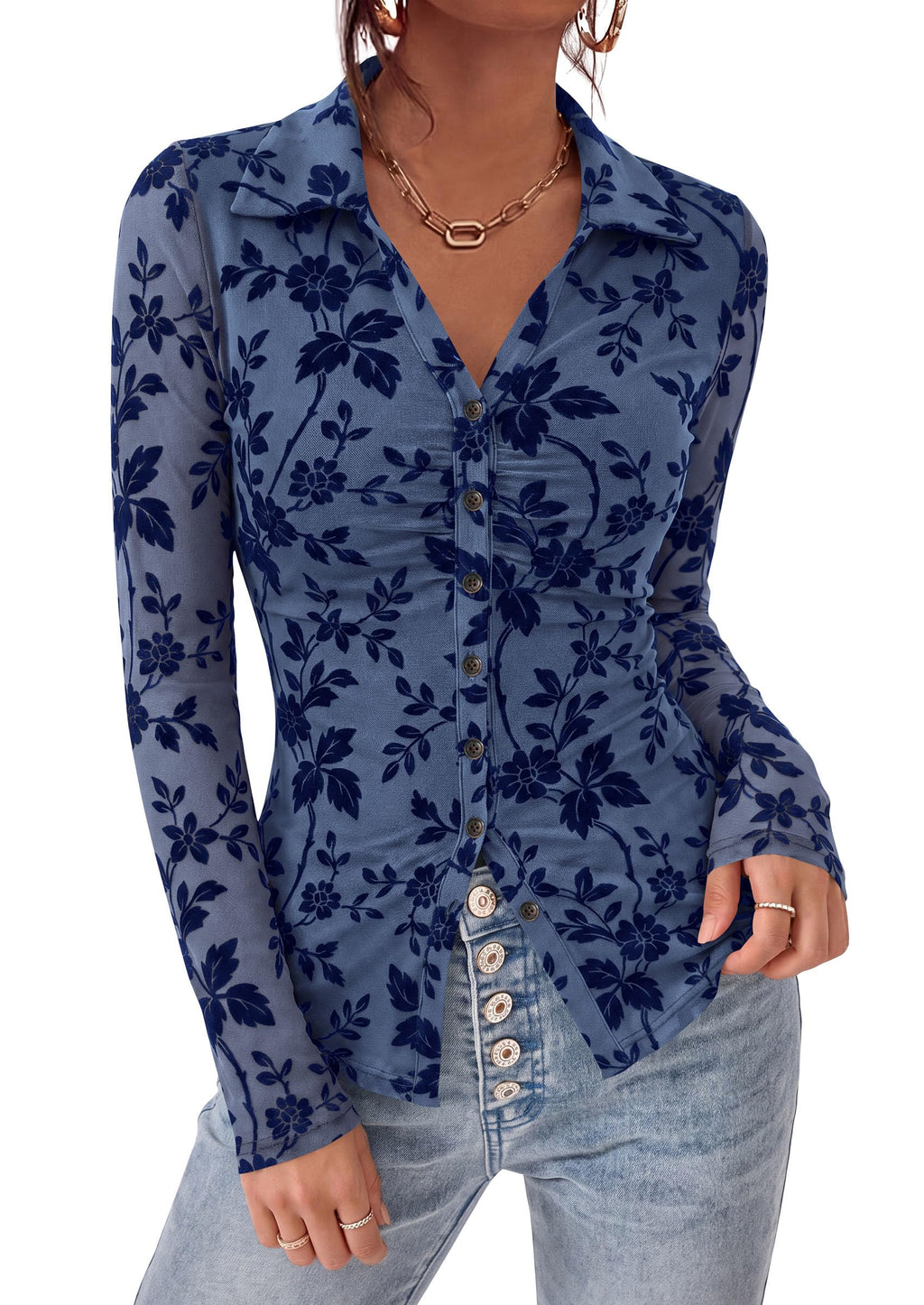 PRETTYGARDEN Women's Long Sleeve Floral Mesh Boho Tops Button Down Shirts Fall Blouses Dressy, Ruched Slim Fit, Collared V Neck, Trendy Going Out Date Night Outfit, Elegant Casual Work Office Clothes