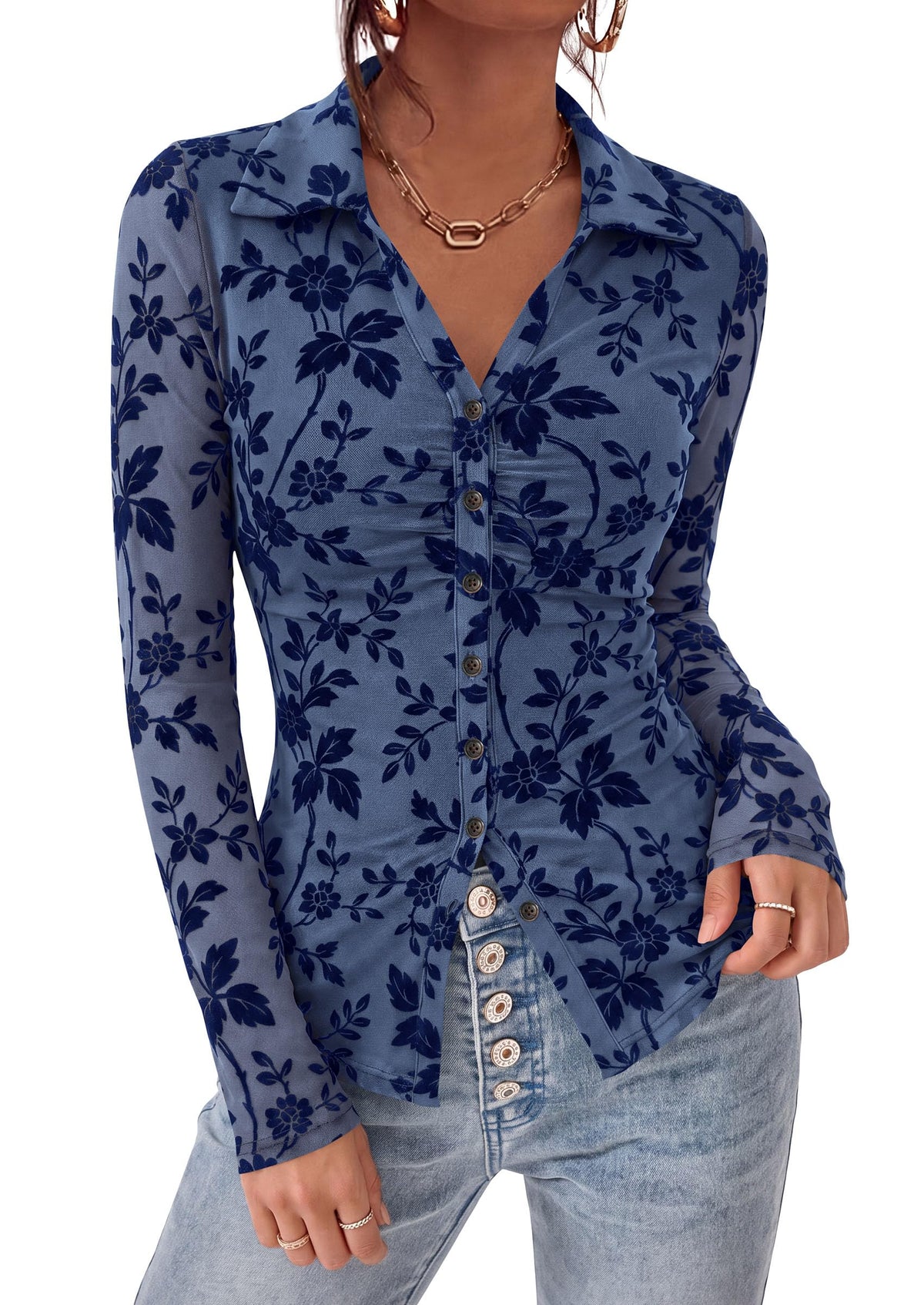 PRETTYGARDEN Women's Long Sleeve Floral Mesh Boho Tops Button Down Shirts Fall Blouses Dressy, Ruched Slim Fit, Collared V Neck, Trendy Going Out Date Night Outfit, Elegant Casual Work Office Clothes