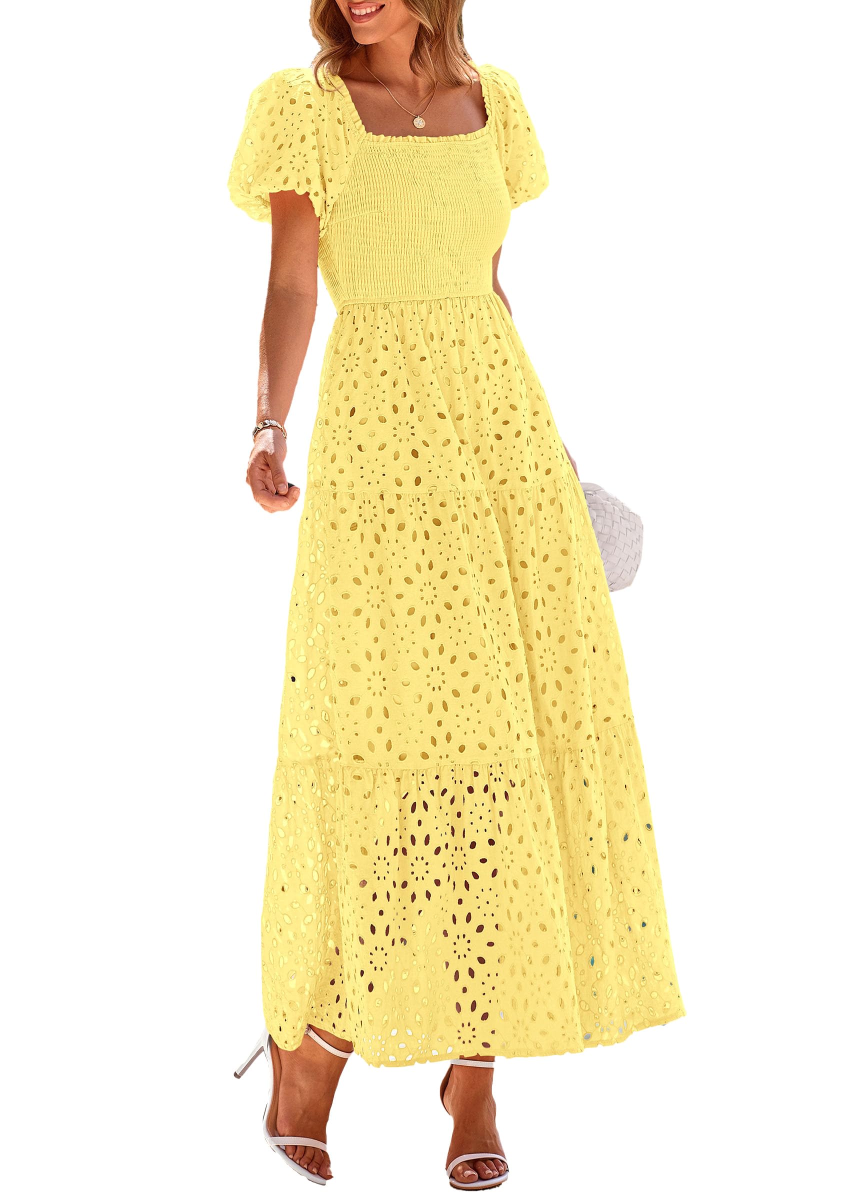 PRETTYGARDEN Summer Dresses for Women Eyelet Square Neck Puff Sleeve Smocked Wedding Guest Maxi Dress with Pockets