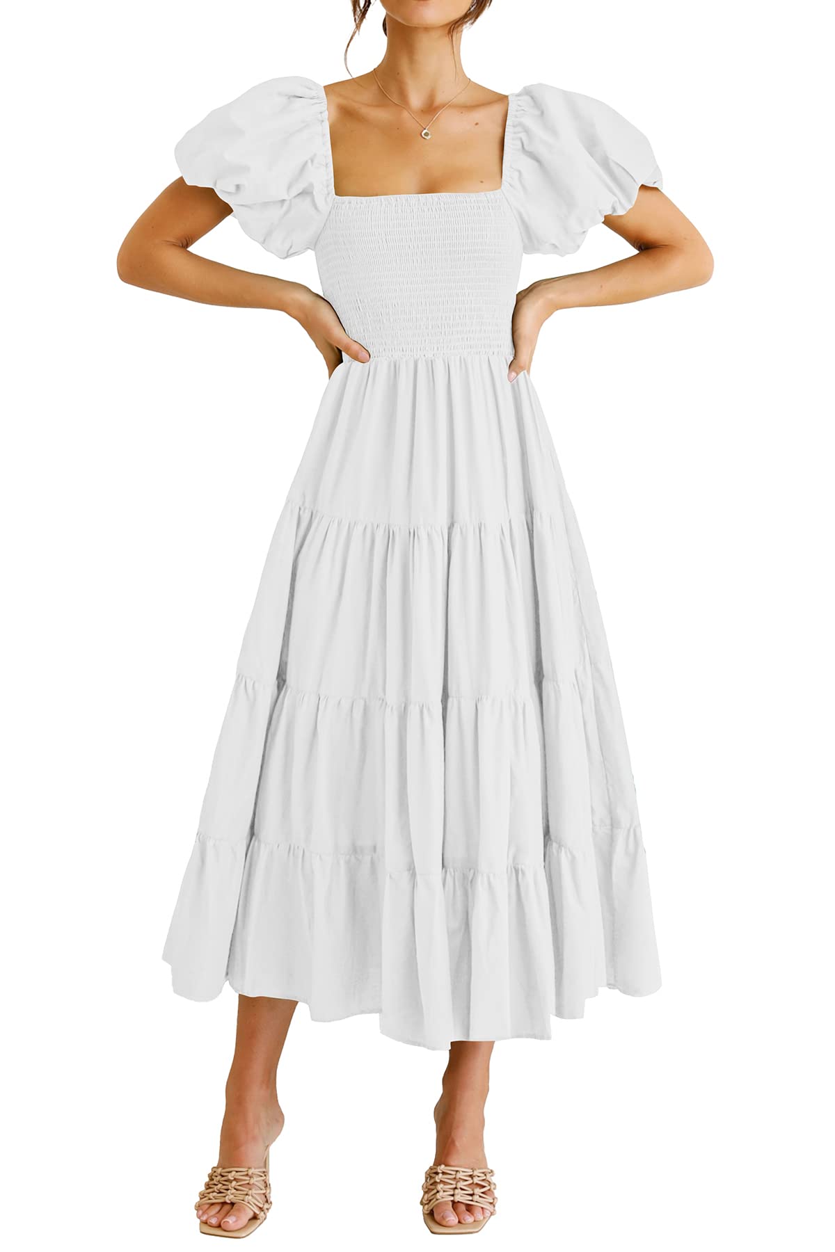 PRETTYGARDEN Women's Casual Summer Midi Dress Puffy Short Sleeve Square Neck Smocked Tiered Ruffle Dresses