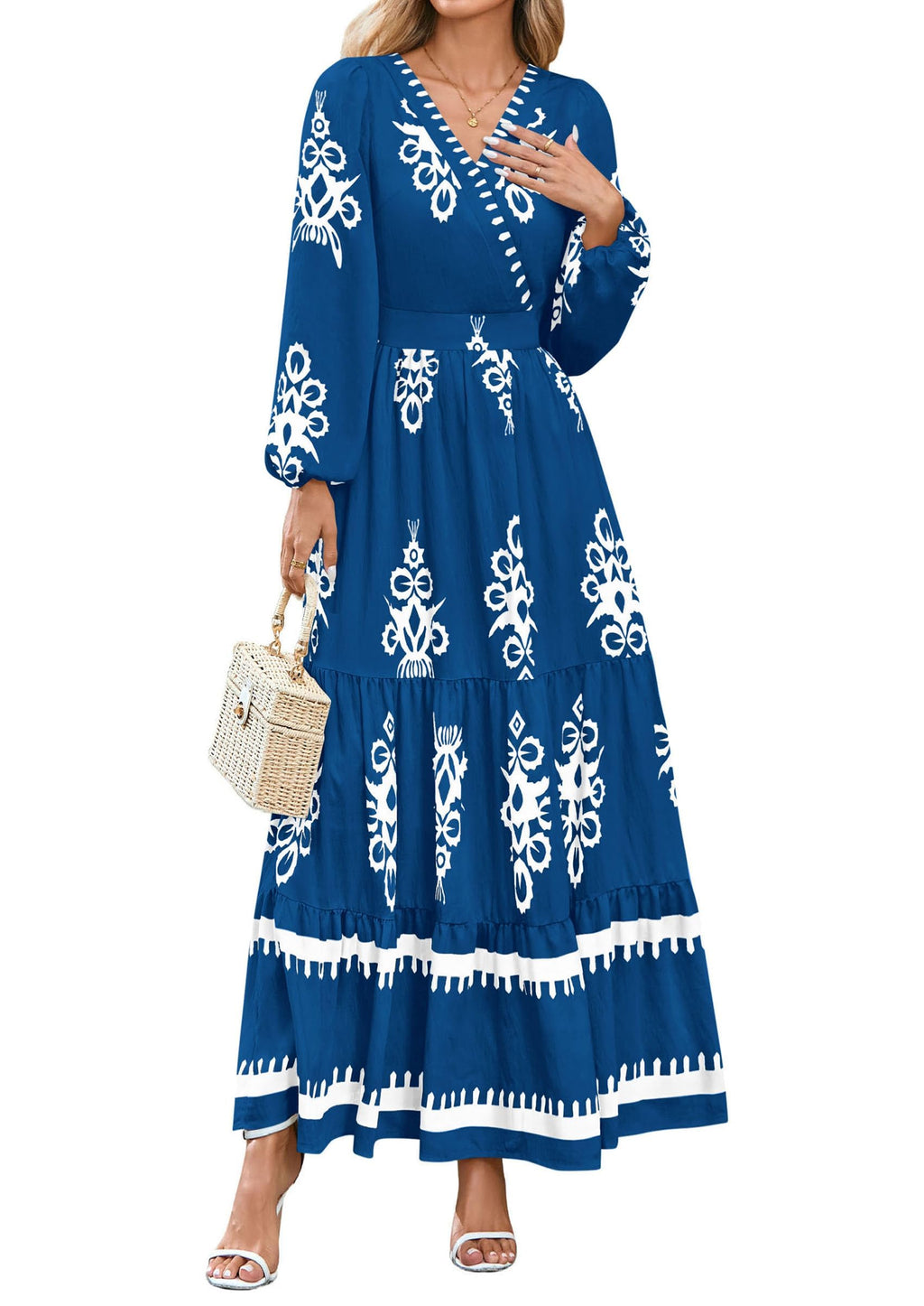 PRETTYGARDEN Women's Fall Wedding Guest Dresses Boho Floral Long Sleeve V Neck Flowy Elegant Maxi Dress Beach Clothes