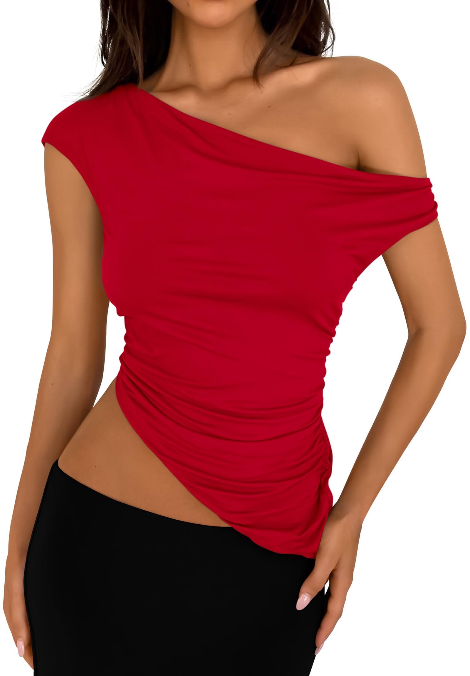 PRETTYGARDEN Womens Summer Off The Shoulder Crop Tops Sleeveless One Shoulder Ruched Asymmetrical Y2K Going Out Tank Top