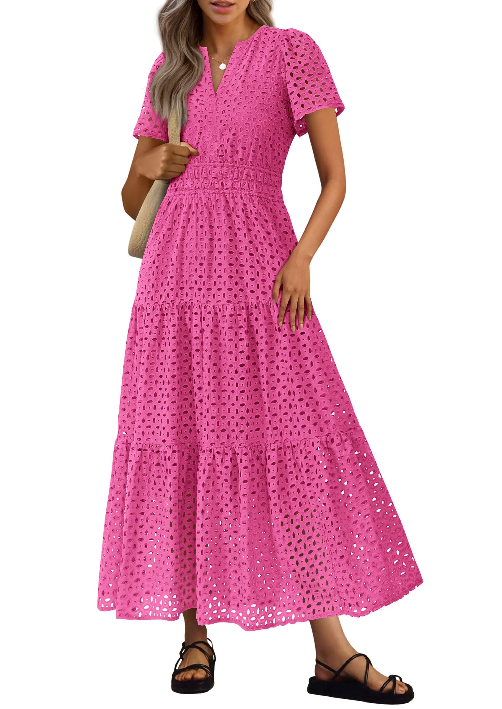 PRETTYGARDEN Womens Summer Maxi Dress Short Sleeve V Neck Hollow Out Eyelet A Line Long Flowy Beach Vacation Dresses