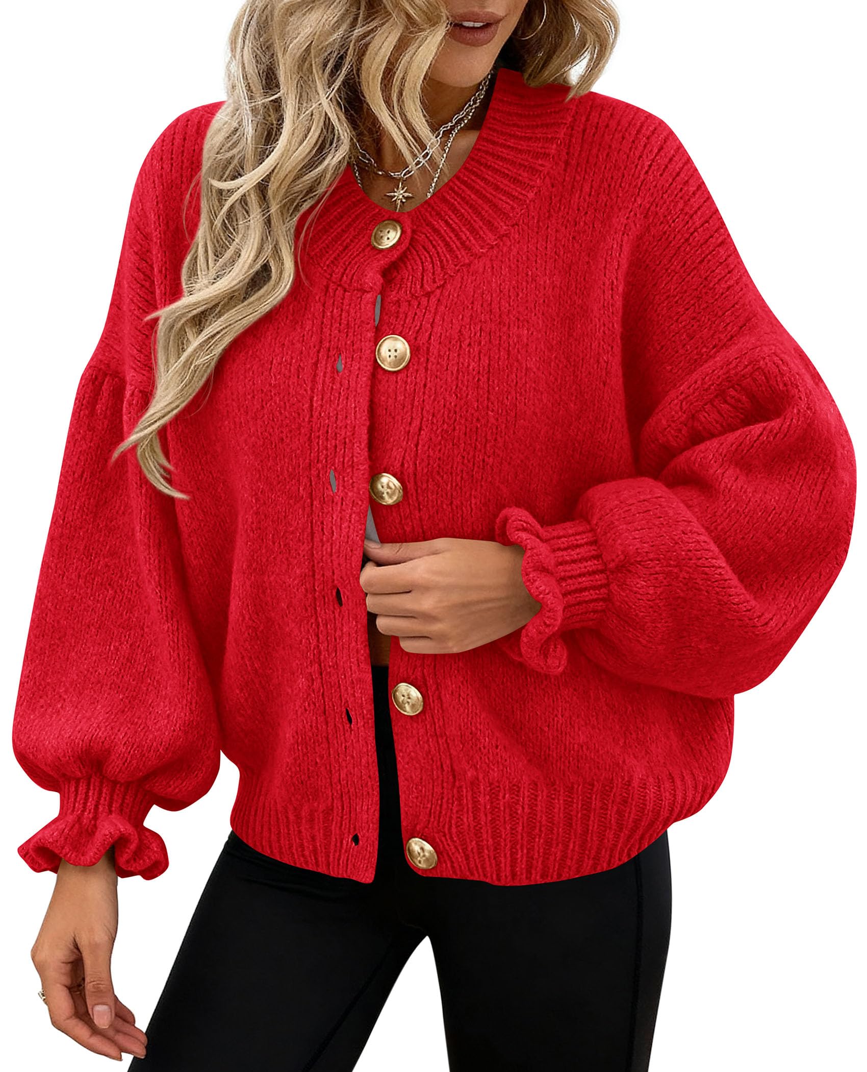 PRETTYGARDEN Womens Cropped Cardigans Trendy Ruffle Open Front Chunky Knit Sweater Oversized Button Down Fall Clothes