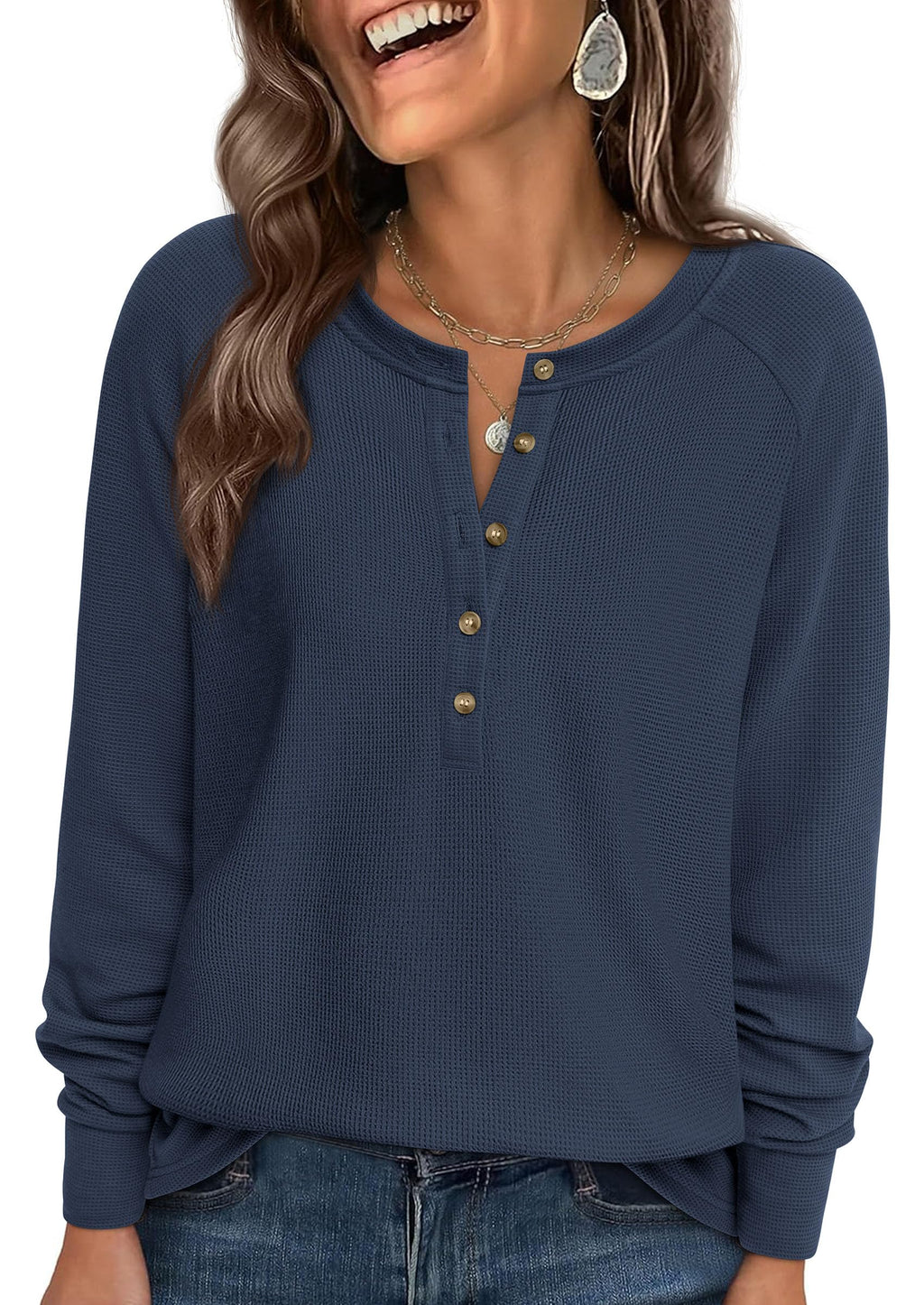 PRETTYGARDEN Women's Long Sleeve Waffle Knit Shirts Fall Casual Button Up Henley V Neck Tunic Tops Loose Fit Basic Tees