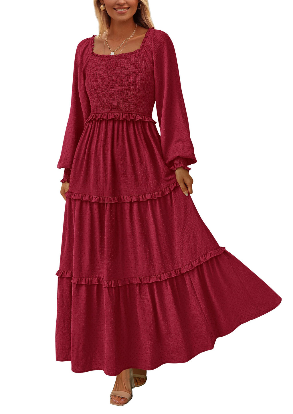 PRETTYGARDEN Fall Dresses for Women Long Sleeve Smocked Square Neck Swiss Dot Tiered Flowy Wedding Guest Maxi Dress
