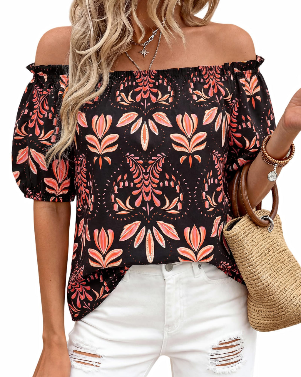 BTFBM Off The Shoulder Spring Tops for Women Summer Blouses Boho Floral Short Sleeve Shirts Dressy Casual Outfits