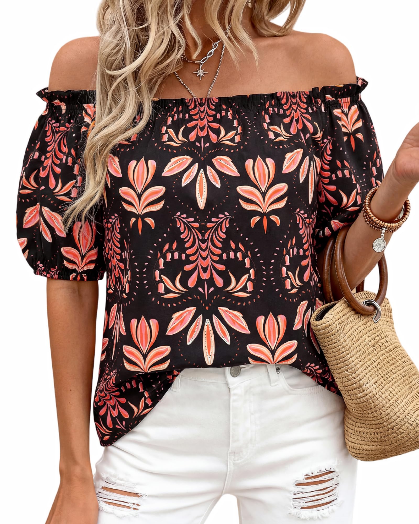 BTFBM Off The Shoulder Spring Tops for Women Summer Blouses Boho Floral Short Sleeve Shirts Dressy Casual Outfits