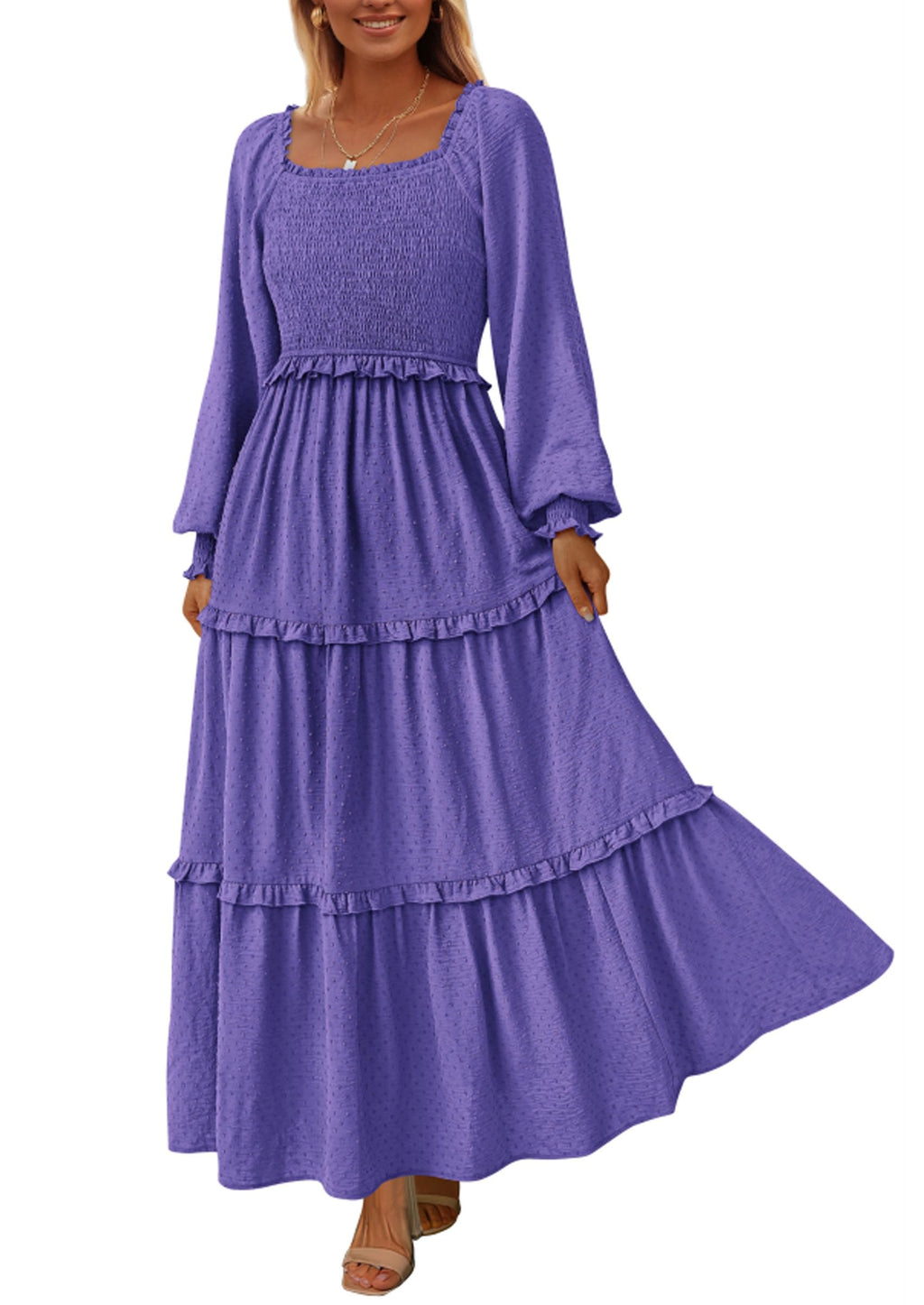 PRETTYGARDEN Fall Dresses for Women Long Sleeve Smocked Square Neck Swiss Dot Tiered Flowy Wedding Guest Maxi Dress