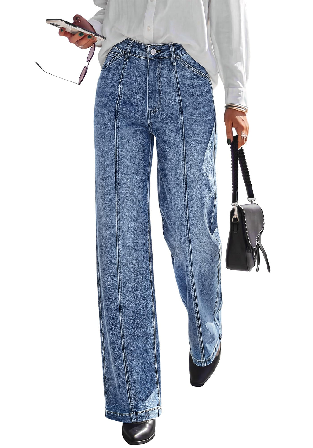BTFBM Front Seam Stretchy Wide Straight Leg Jeans for Women Trendy Boyfriend Baggy Denim Jeans, High Waisted Palazzo Pants, 5-Pocket, Relaxed Fit, Full Length, Casual Bottoms, Fall Outfits