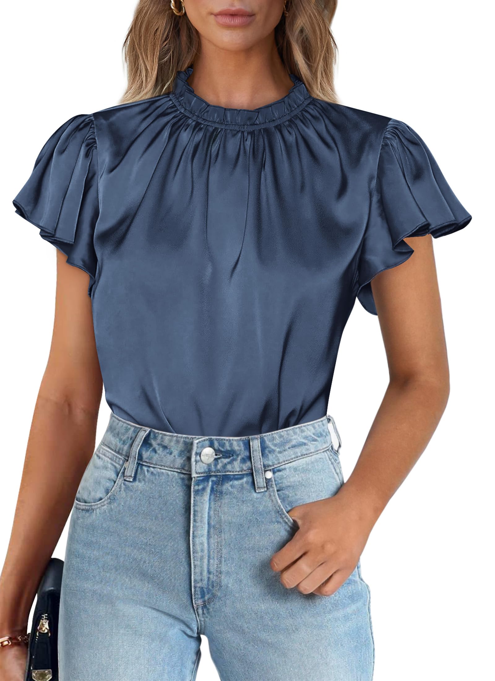 PRETTYGARDEN Business Casual Tops for Women Blouses Dressy  Summer Short Sleeve Ruffle Satin Work Office Attire