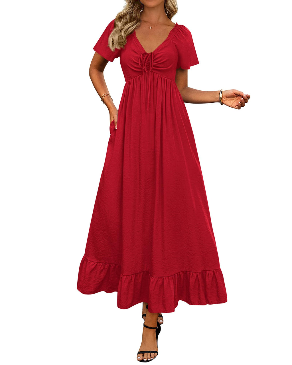 BTFBM Womens Spring Dresses Casual Short Sleeve V Neck Drawstring Wedding Guest Maxi Dresses Boho Beach Long Dress