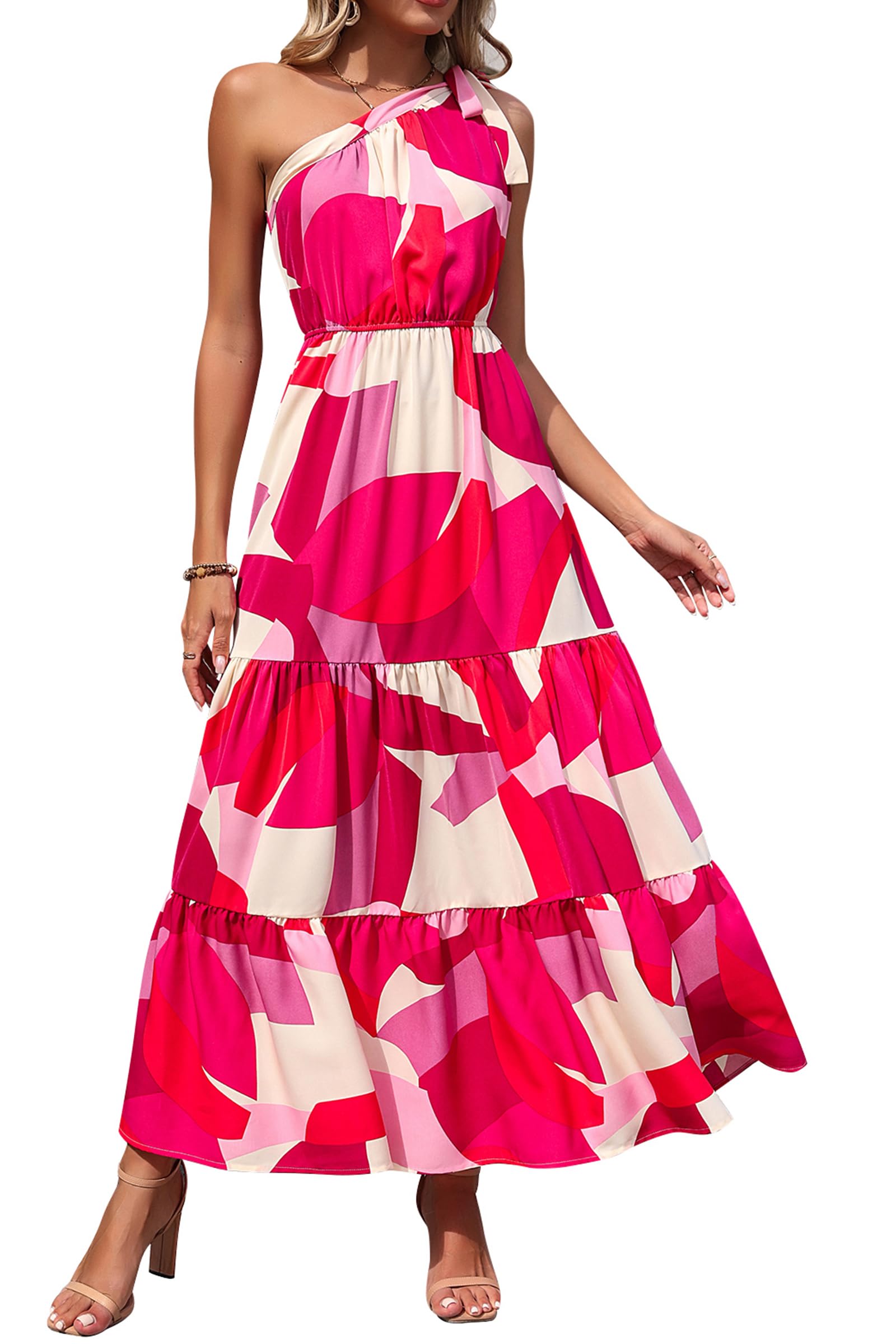 PRETTYGARDEN Women's Summer Floral One Shoulder Maxi Dress Knot Ruffle Boho Beach Vacation Wedding Guest Long Sun Dresses