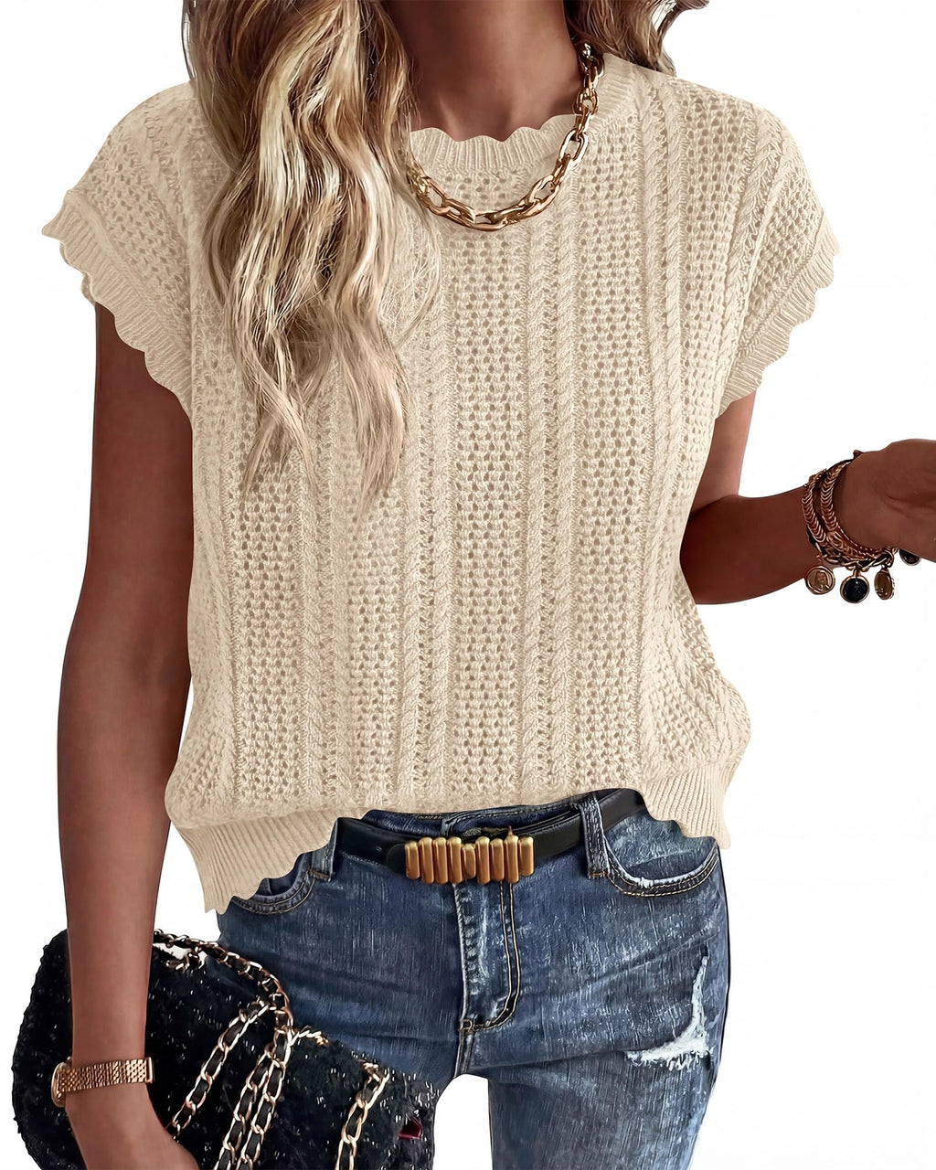 FreshPretty Sweater Vest Women Crochet Top Cap Short Sleeve Sweater Spring Summer Cable Knit Pullover Beach Vacation Outfits