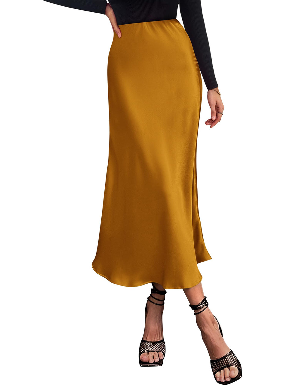 BTFBM Summer Womens Skirts Silk Elegant High Waist Flowy Long Satin A-Line Midi Skirt Cocktail Wedding Party