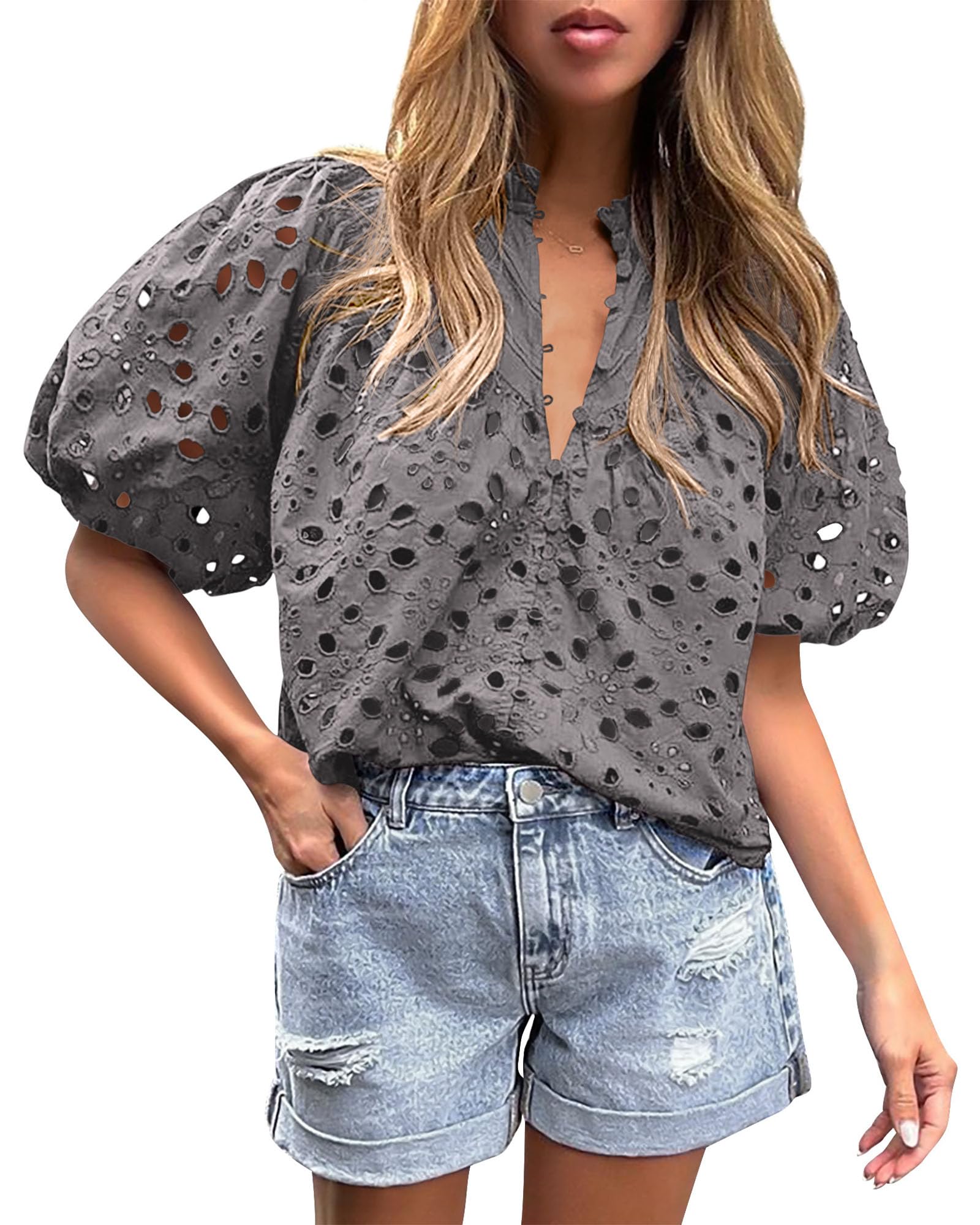 PRETTYGARDEN Women's Summer Tops Dressy Casual Short Sleeve V Neck Buttons Hollow Out Lace Embroidered Blouses Shirts