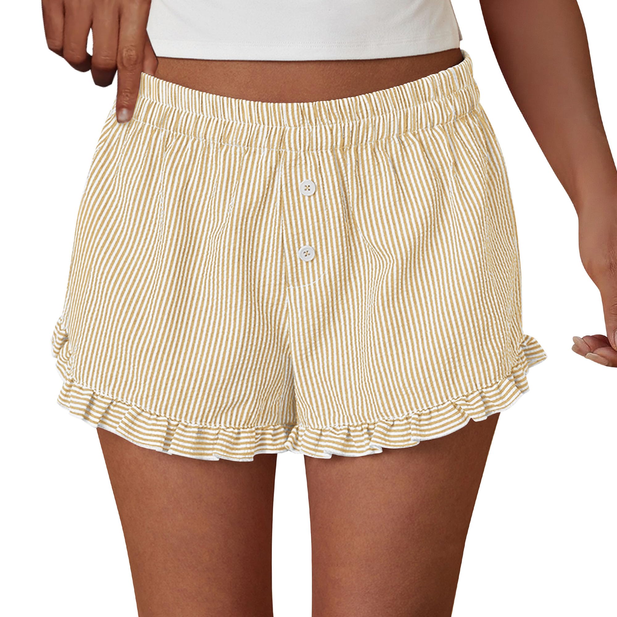 PRETTYGARDEN Womens Boxer Shorts Y2K Ruffle Pajama Summer Spring Lounge Sleep Striped Casual Beach Pj Bottoms Pockets