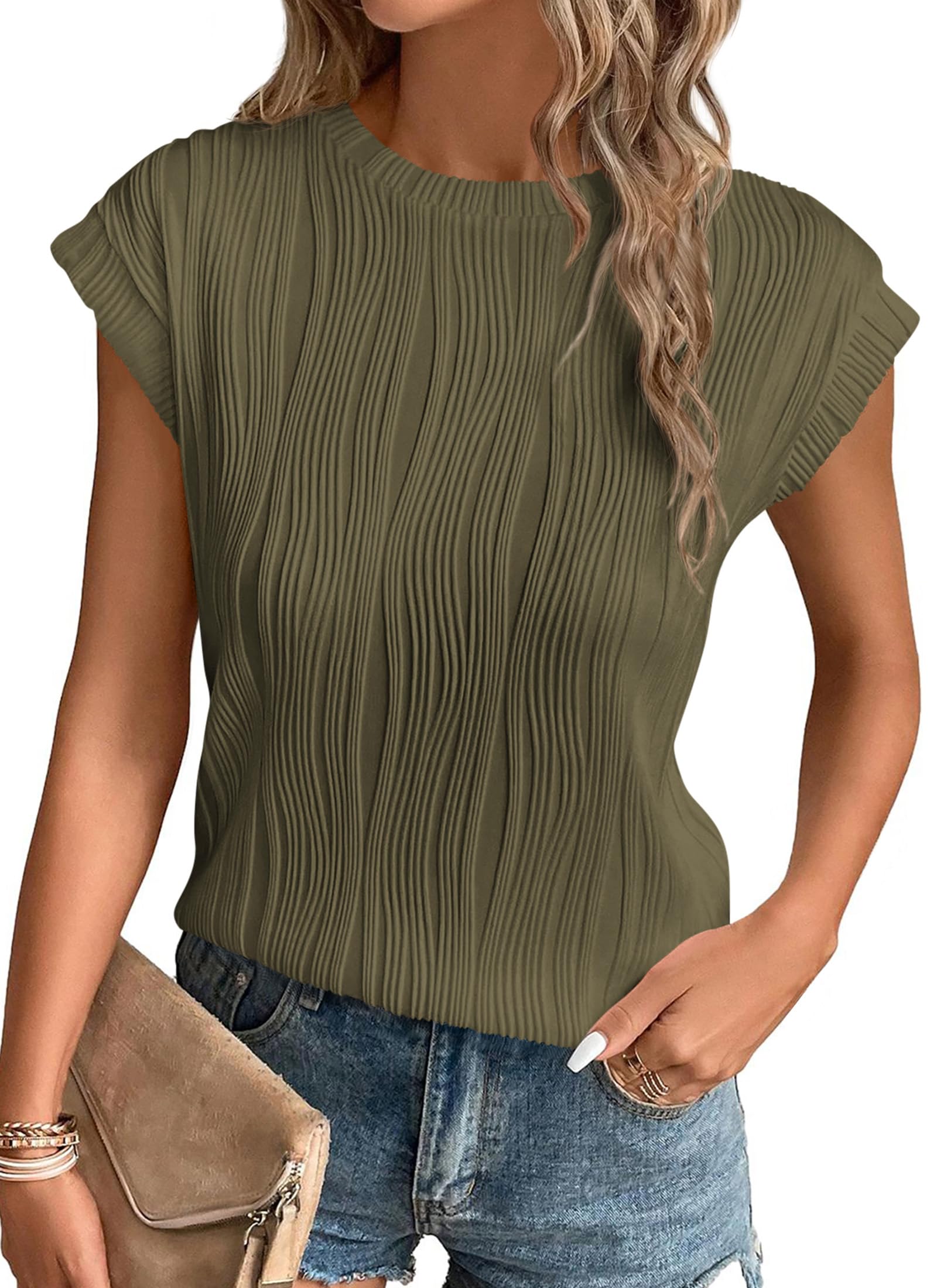 PRETTYGARDEN Blouses for Women Dressy Casual Spring Summer Business Office Tops Cap Sleeve Textured Cute Work Shirt