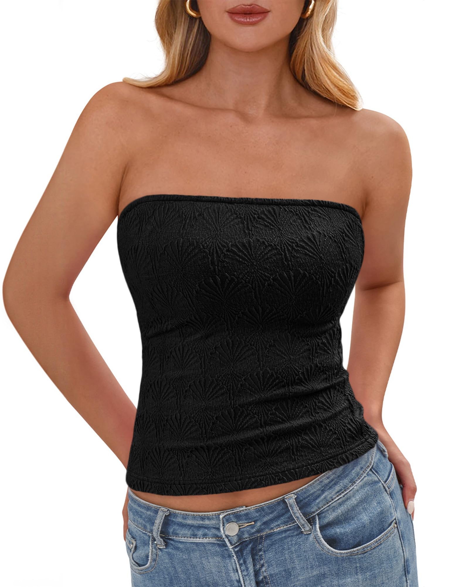 FreshPretty Tube Tops for Women Spring Summer Backless Fitted Floral Embroidery Going Out Bandeau Top Beach Vacation