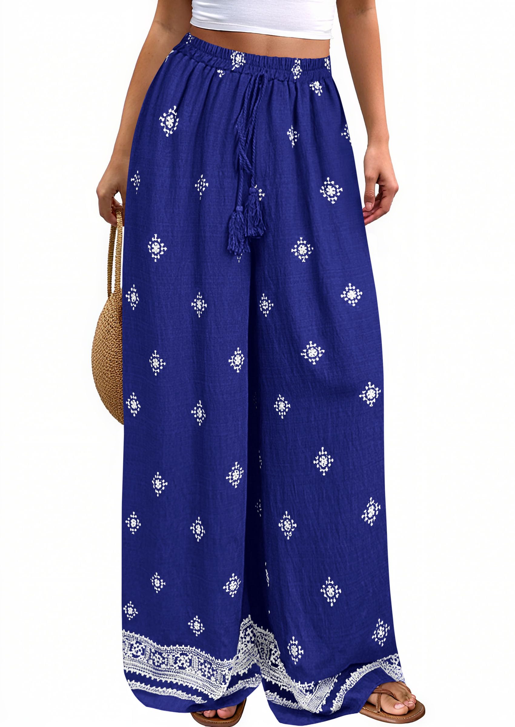 PRETTYGARDEN Women's Wide Leg Palazzo Pants Summer Boho Floral Trousers Spring Flowy Beach Vacation Clothes Resort Wear