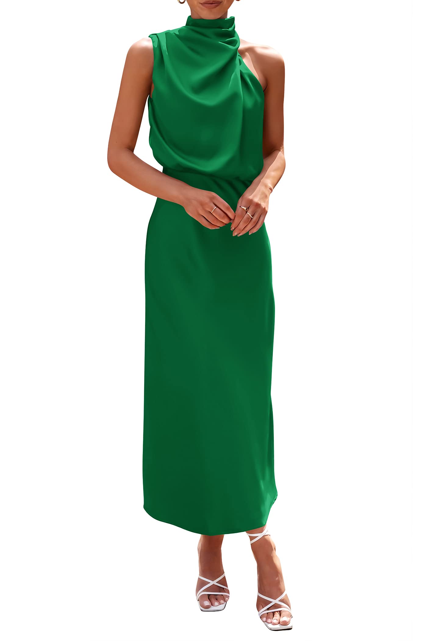 PRETTYGARDEN Women's Summer Satin Dress Elegant Sleeveless Mock Neck Cocktail Party Maxi Dresses