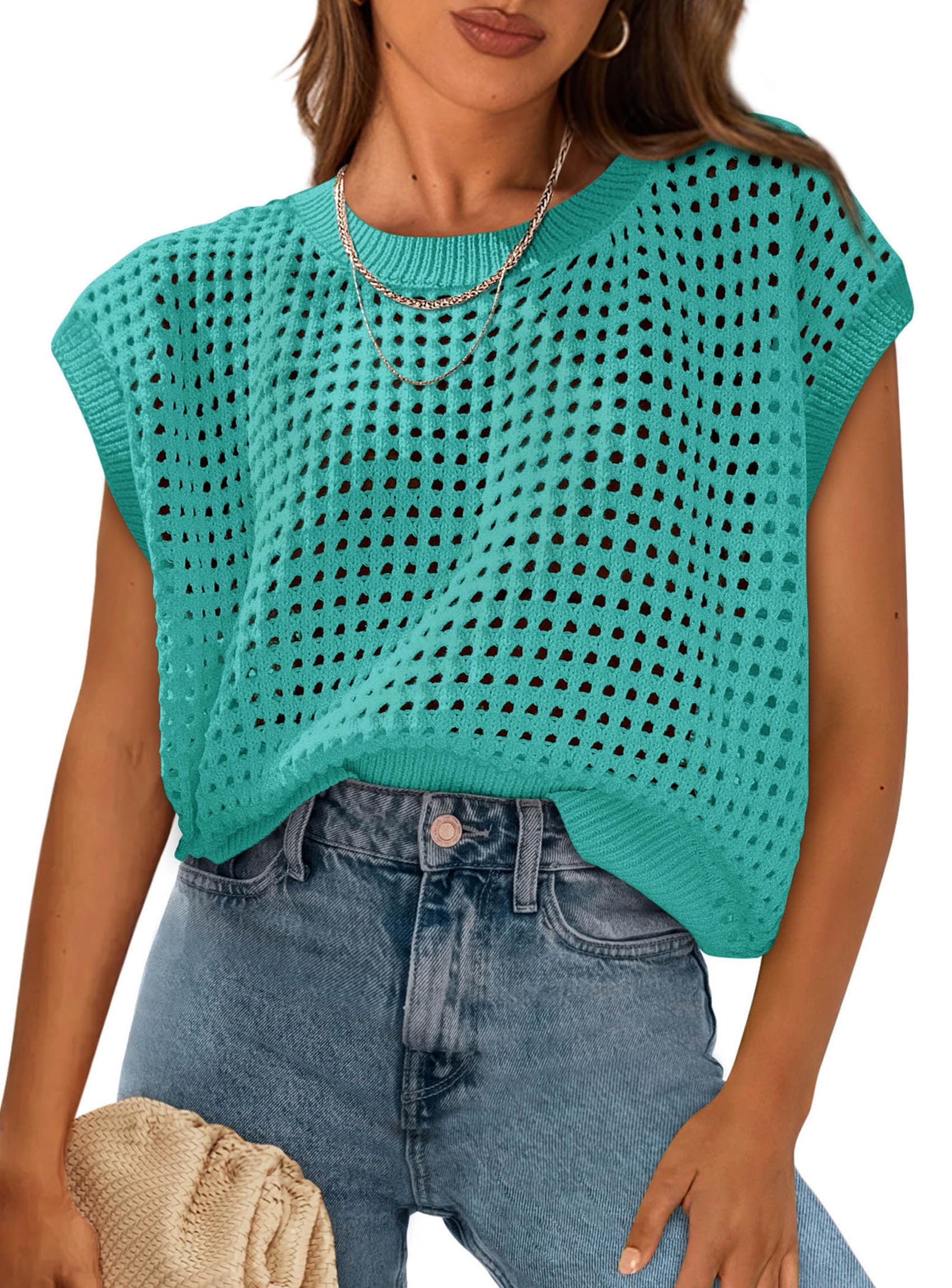 PRETTYGARDEN Womens Spring Tops Summer Shirts Crochet Cap Sleeve Sweater Pullover Cute Beach Vacation Clothes