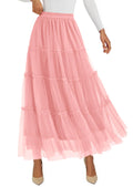 PRETTYGARDEN Tulle Skirts for Women Fall Fashion Elastic High Waisted Fairy Tiered Flowy A-Line Casual Maxi Long Skirt