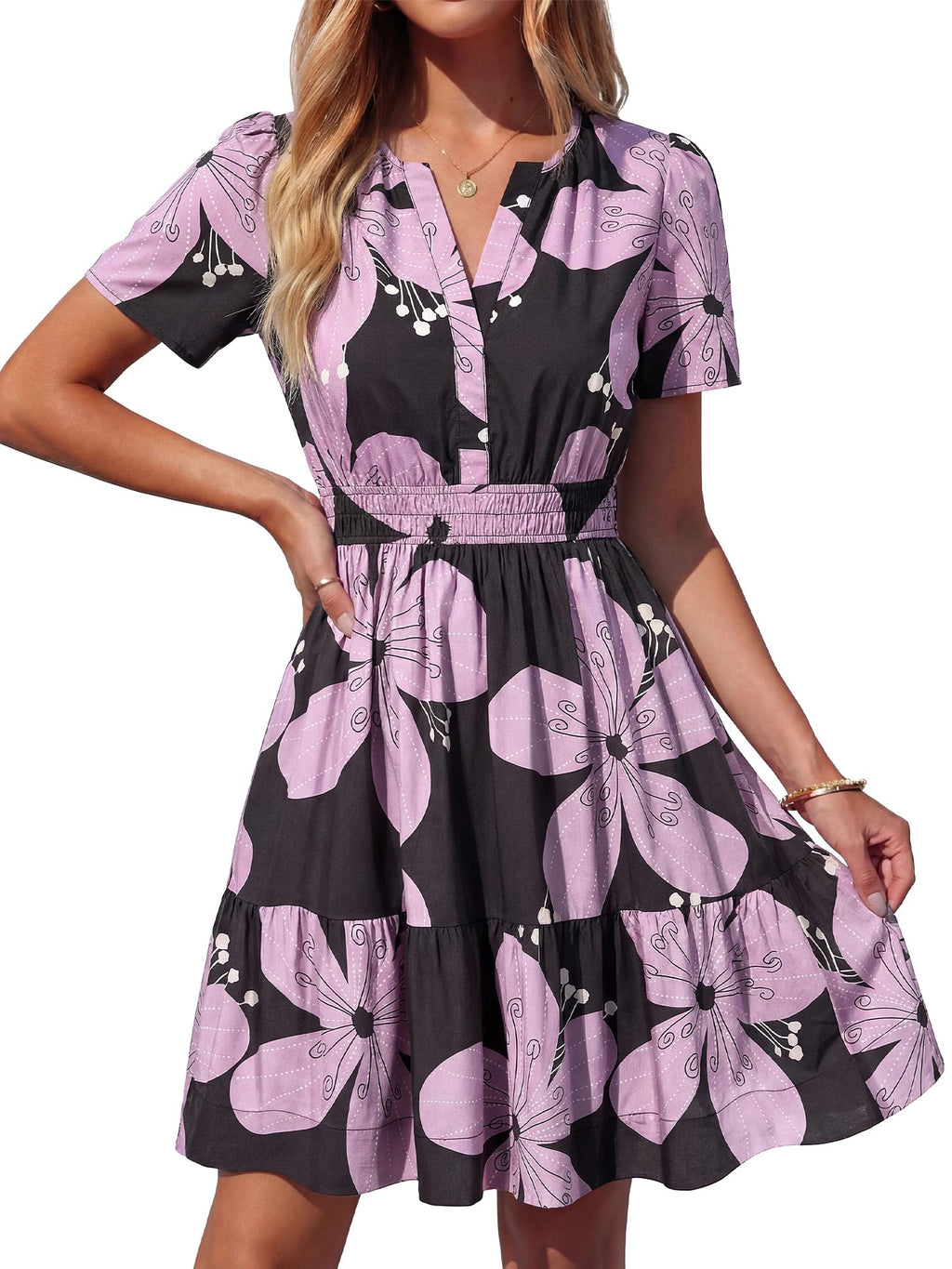 BTFBM Summer Dresses for Women Lightweight Casual Short Sleeve Floral Mini Dress A Line Beach Vacation Sundress