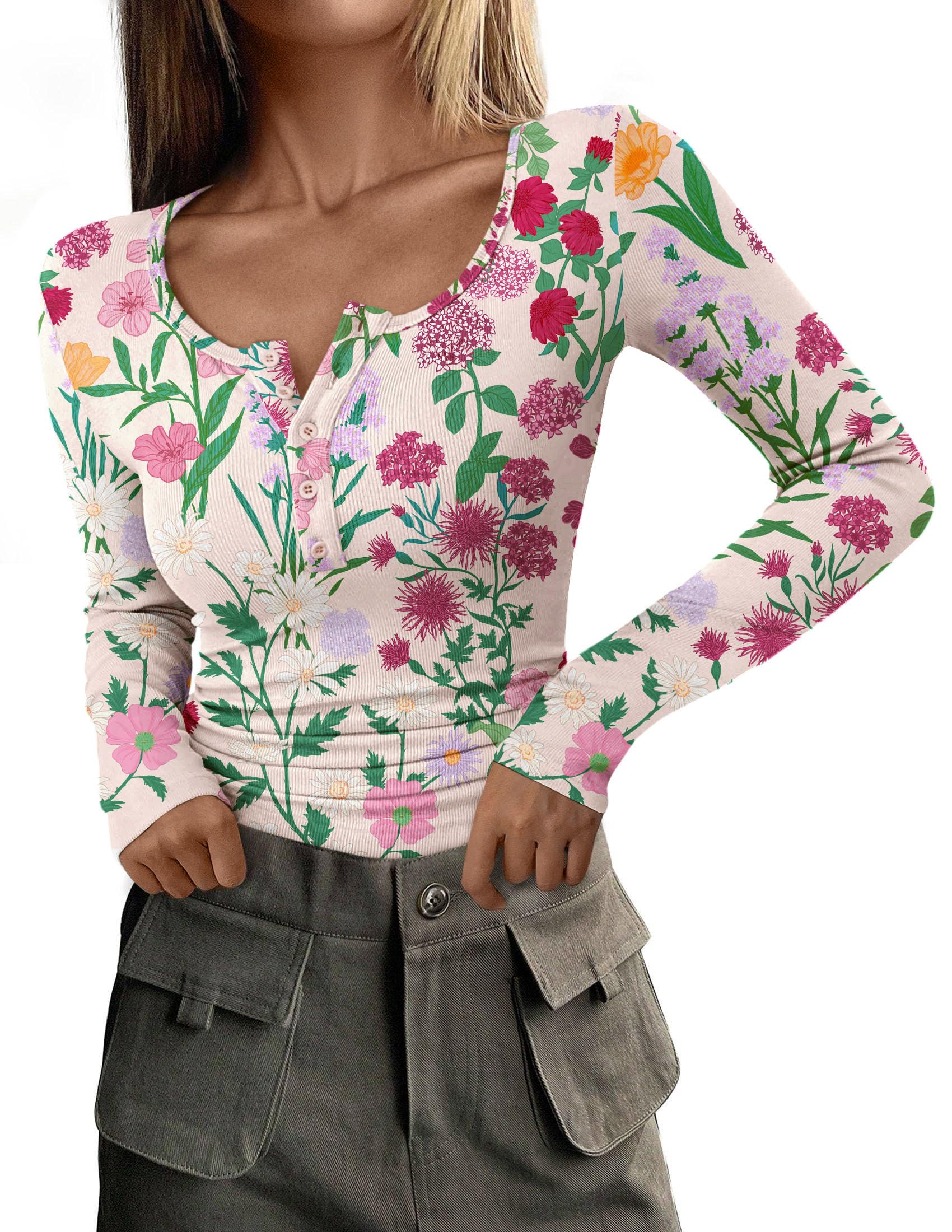 PRETTYGARDEN Women's Fall Long Sleeve Henley T Shirts Button Ribbed Knit Slim Fit Basic Tops Blouse Casual Outfits