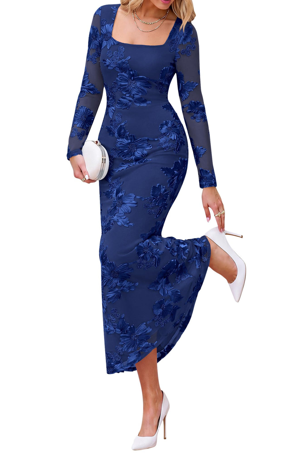 BTFBM Womens Long Sleeve Bodycon Floral Mesh Maxi Fall Wedding Guest Dress Semi Formal Dresses For Bridal Shower, Engagement, Cocktail, Homecoming, Prom, Birthday Party, Date Night Outfits, Lined