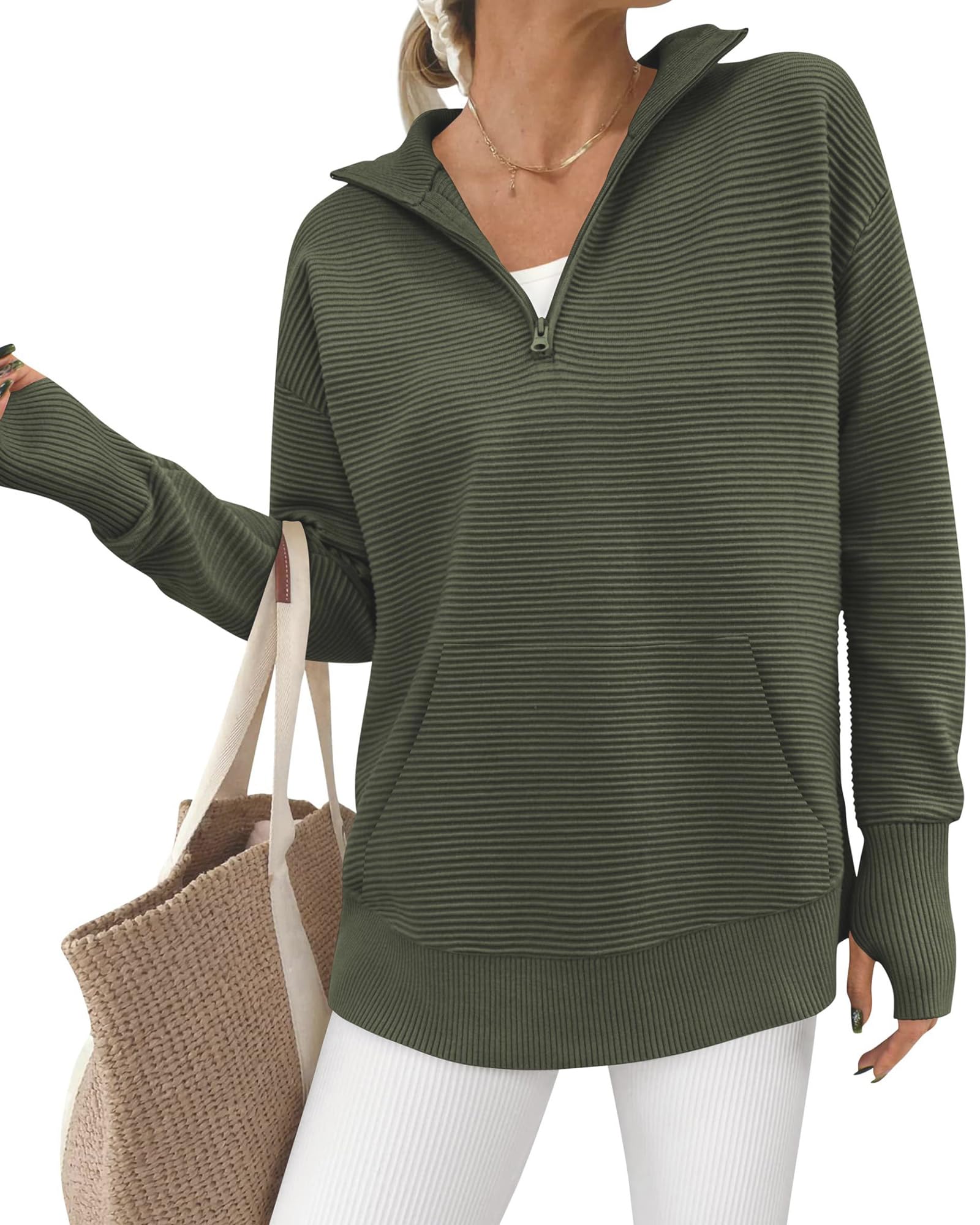 BTFBM Sweaters for Women Fall Clothes Pocket Quarter Zip Pullover V Neck Long Sleeve Knit Trendy Winter Sweater