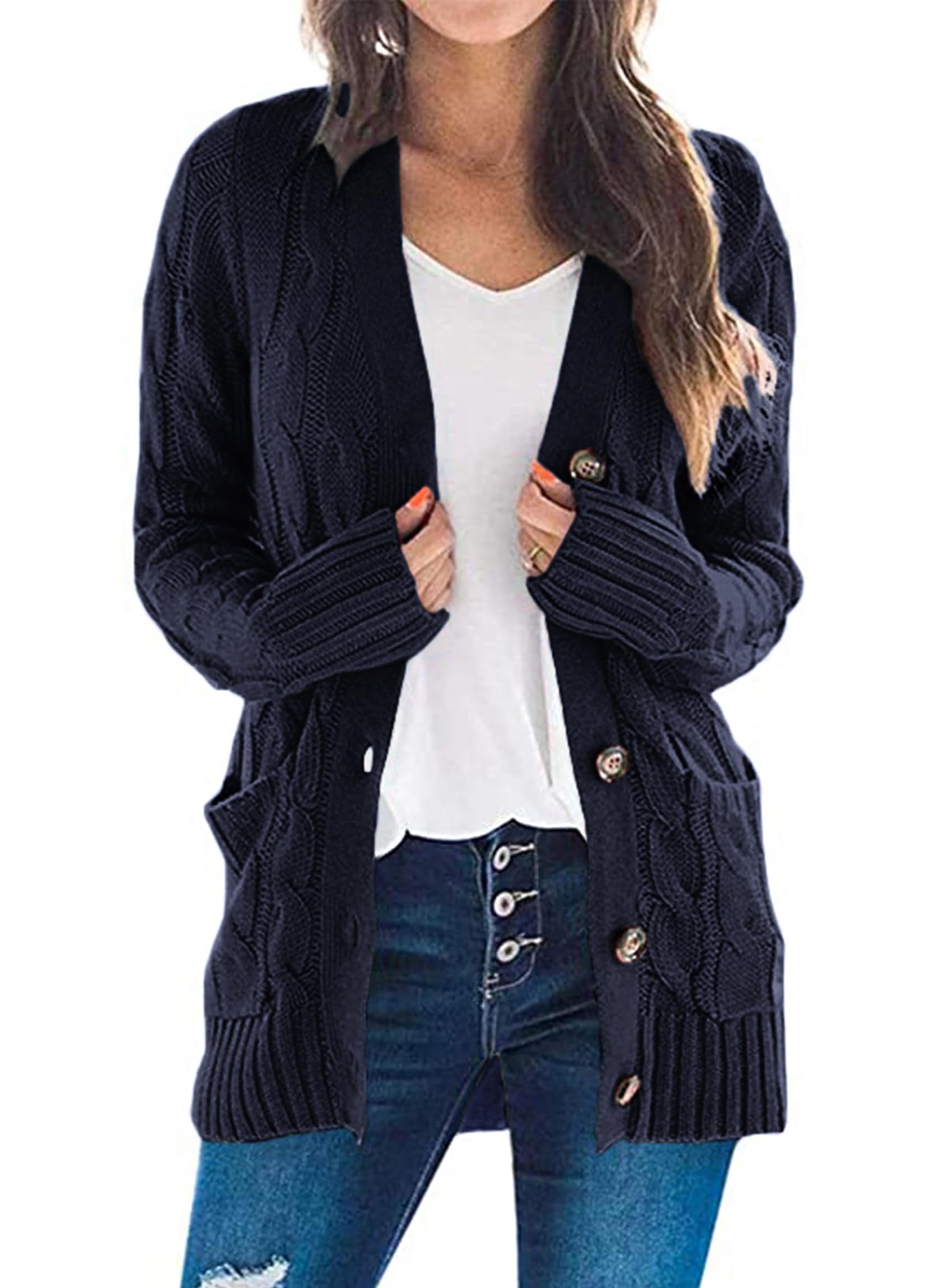 PRETTYGARDEN Women's Open Front Cardigan Sweaters Fall Fashion Button Down Cable Knit Chunky Winter Clothing Outerwear Coats