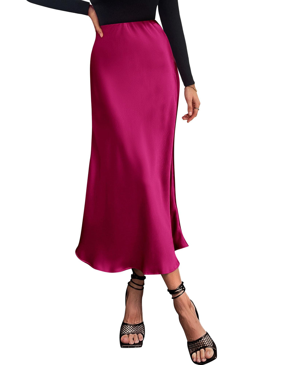 BTFBM Summer Womens Skirts Silk Elegant High Waist Flowy Long Satin A-Line Midi Skirt Cocktail Wedding Party