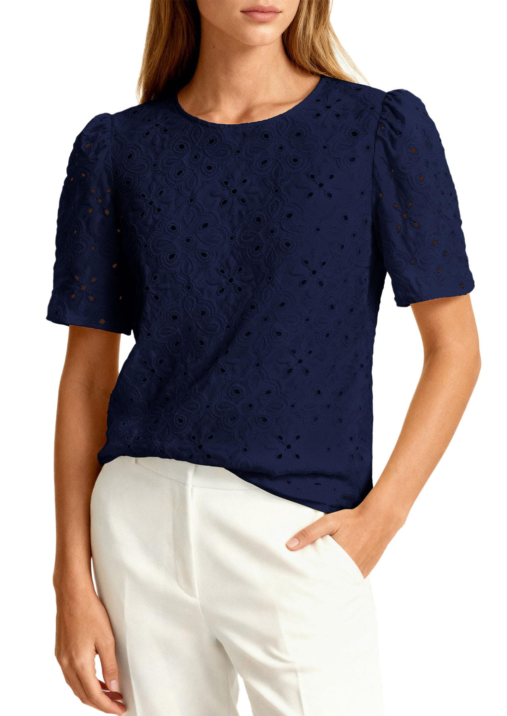 PRETTYGARDEN Women's Puff Short Sleeve Eyelet Shirts Summer Lace Blouses Dressy Casual Work Tops Spring Teacher Clothes