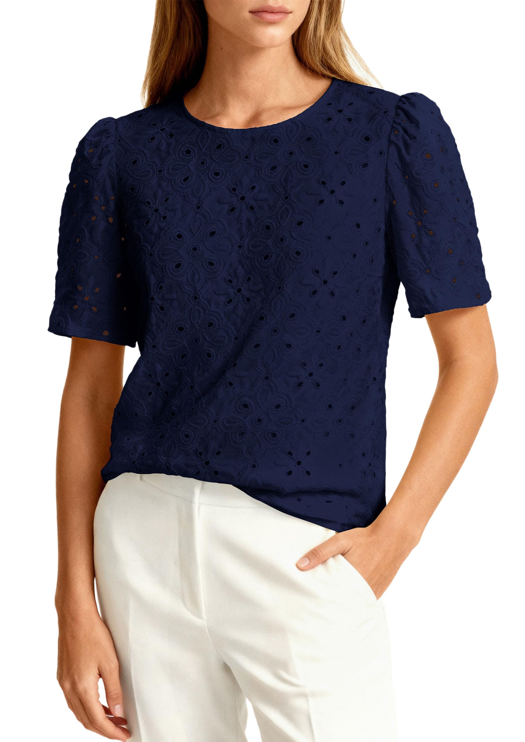 PRETTYGARDEN Women's Puff Short Sleeve Eyelet Shirts Summer Lace Blouses Dressy Casual Work Tops Spring Teacher Clothes