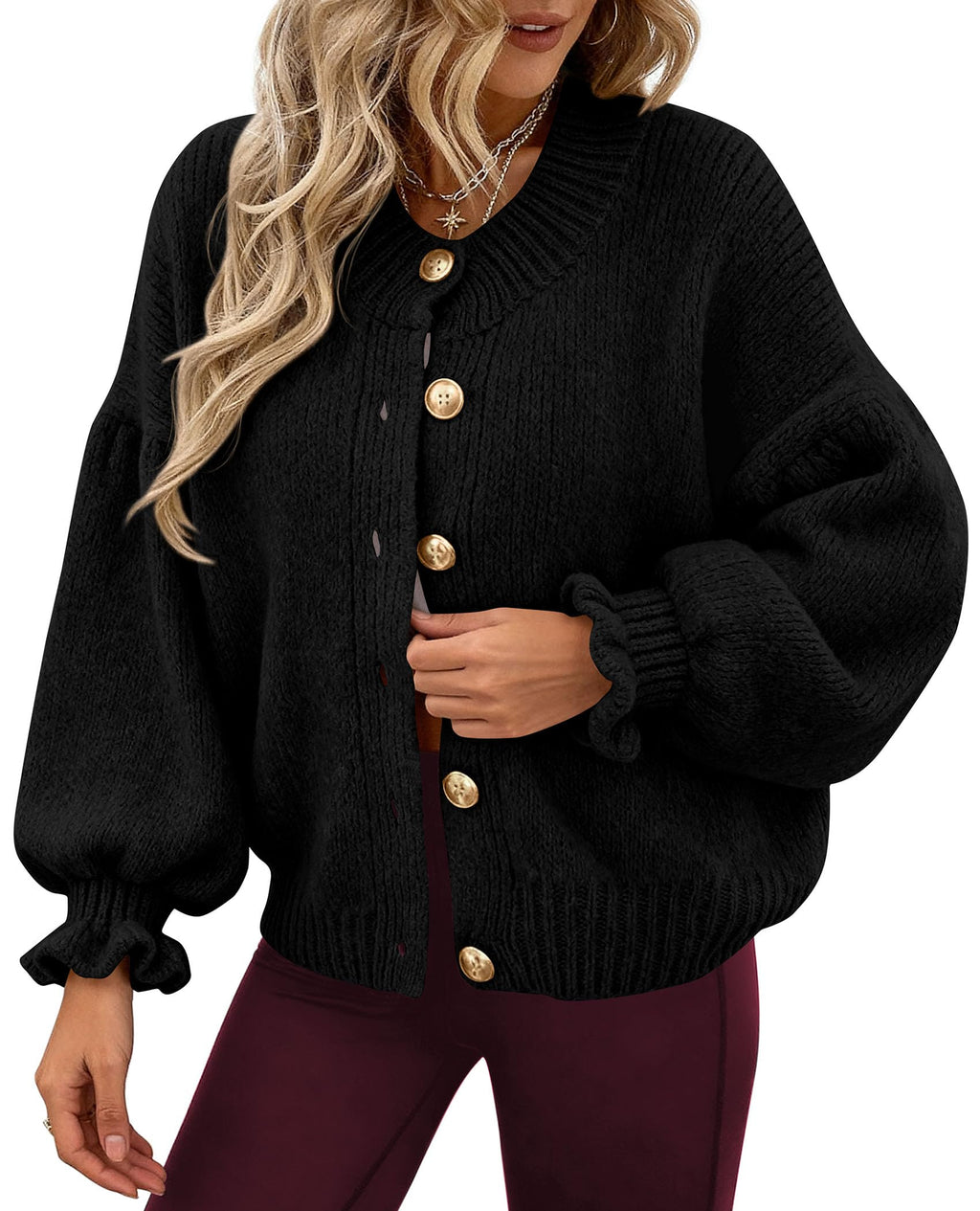 PRETTYGARDEN Womens Cropped Cardigans Trendy Ruffle Open Front Chunky Knit Sweater Oversized Button Down Fall Clothes