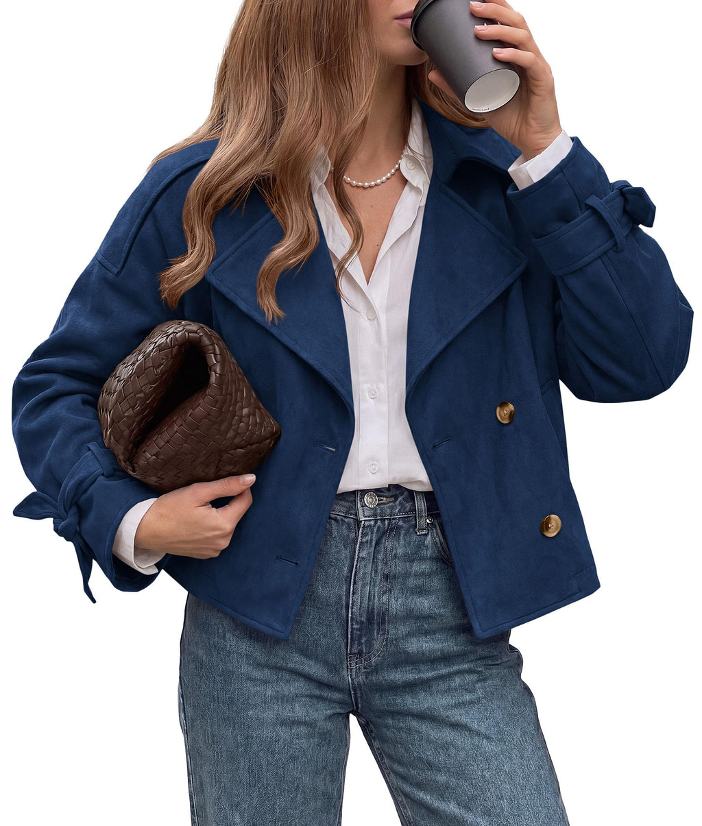 PRETTYGARDEN Women Faux Suede Double Breasted Trench Coat Cropped Jackets Raglan Long Sleeve,Lapel,Tie Cuff,Button Down,Fall Fashion Outerwear,Winter Clothes,Work Office Casual Short Jacket