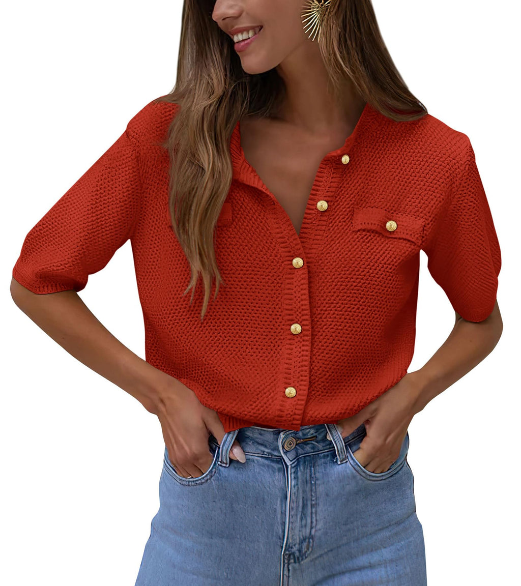 PRETTYGARDEN Women's Summer Button Down Shirts Casual Short Sleeve Crew Neck Ribbed Knit Blouse Top Cardigans