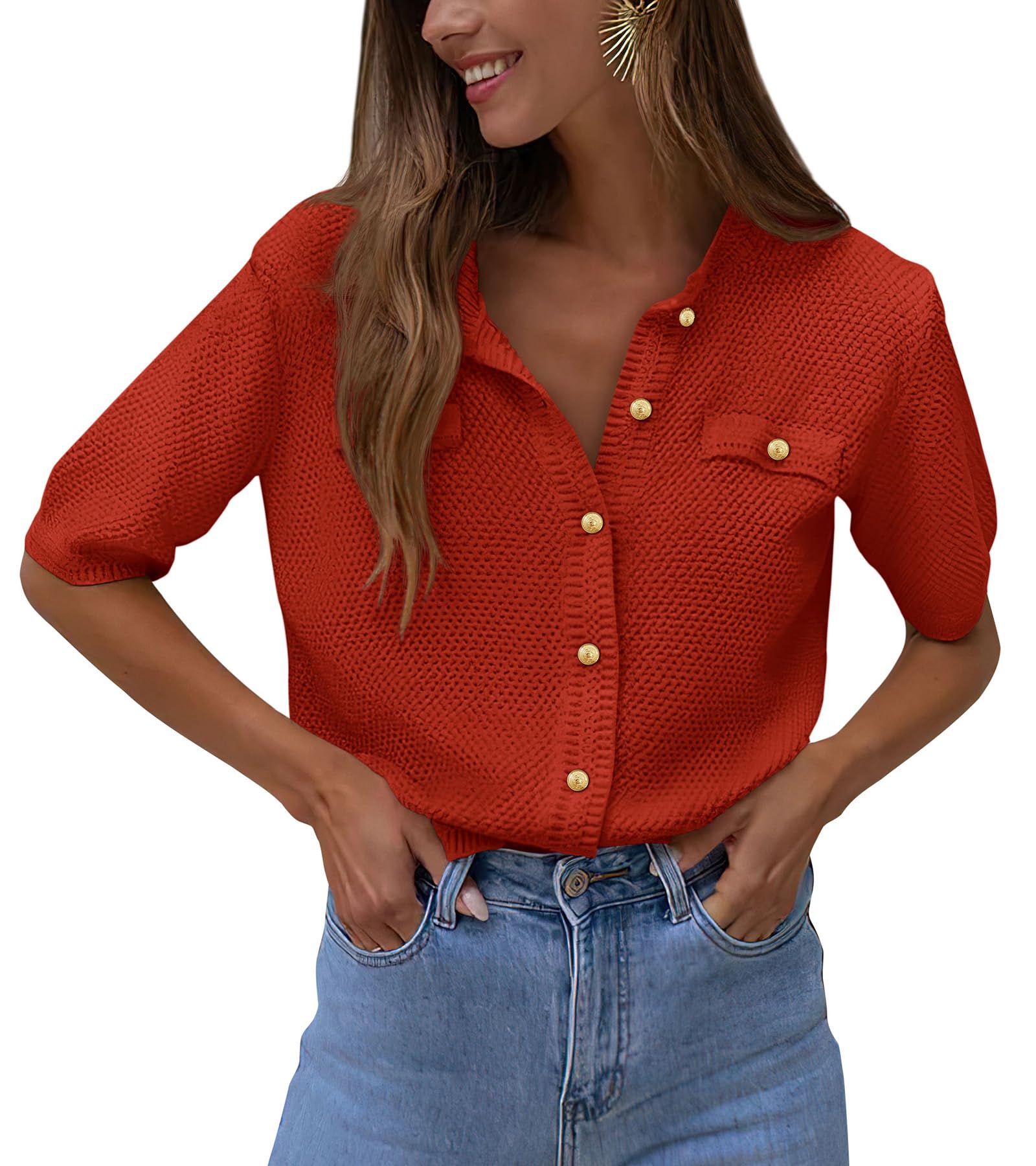 PRETTYGARDEN Women's Summer Button Down Shirts Casual Short Sleeve Crew Neck Ribbed Knit Blouse Top Cardigans