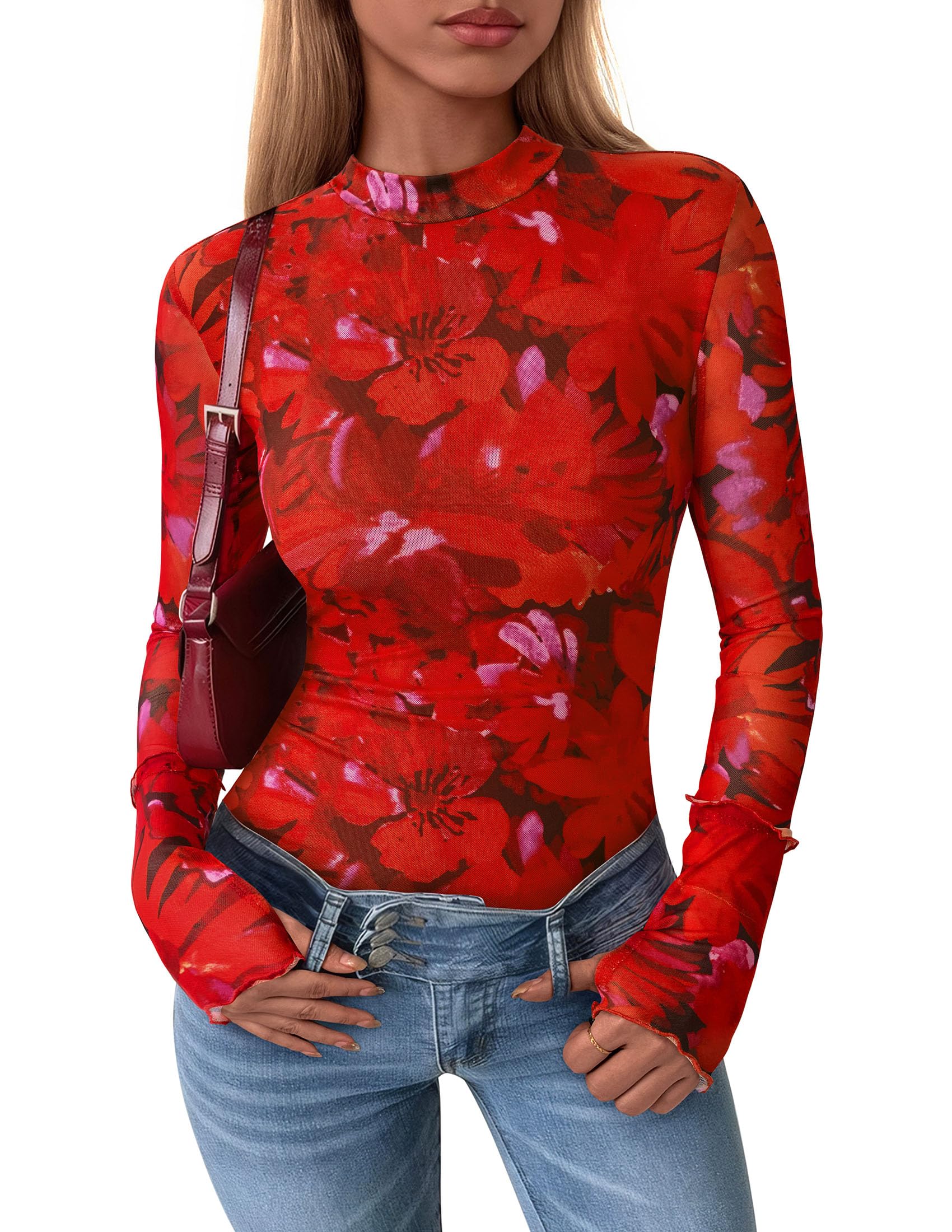 PRETTYGARDEN Womens Fall Mesh Floral Blouses Long Sleeve Going Out Tops Slim Fitted Shirts Date Night Outfits