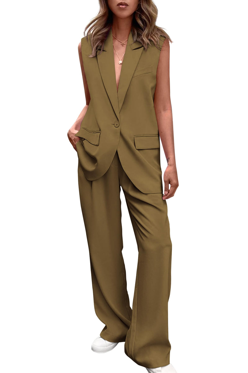 PRETTYGARDEN Women's 2 Piece Outfits Sleeveless Suit Vest and Wide Leg Pants Business Casual Blazer Sets