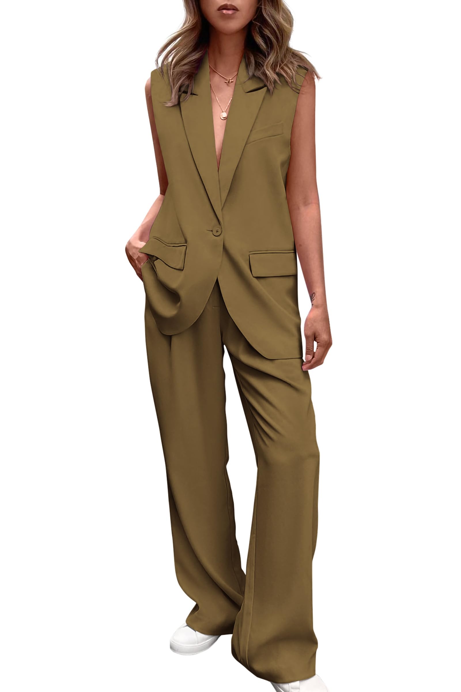 PRETTYGARDEN Women's 2 Piece Outfits Sleeveless Suit Vest and Wide Leg Pants Business Casual Blazer Sets