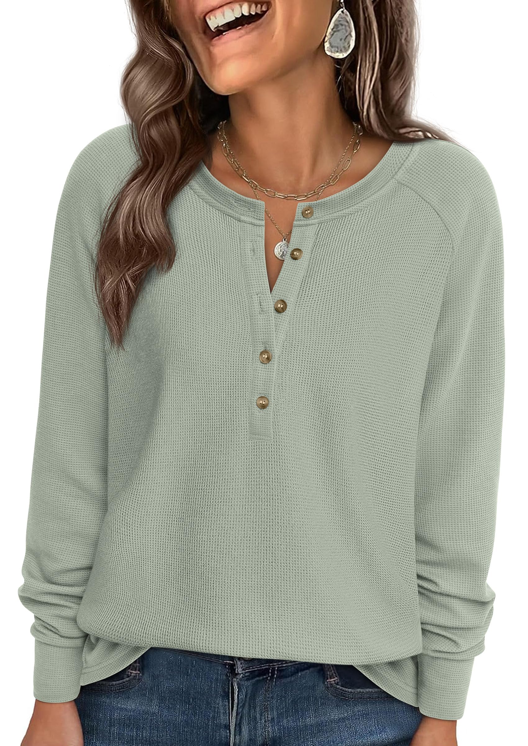 PRETTYGARDEN Women's Long Sleeve Waffle Knit Shirts Fall Casual Button Up Henley V Neck Tunic Tops Loose Fit Basic Tees