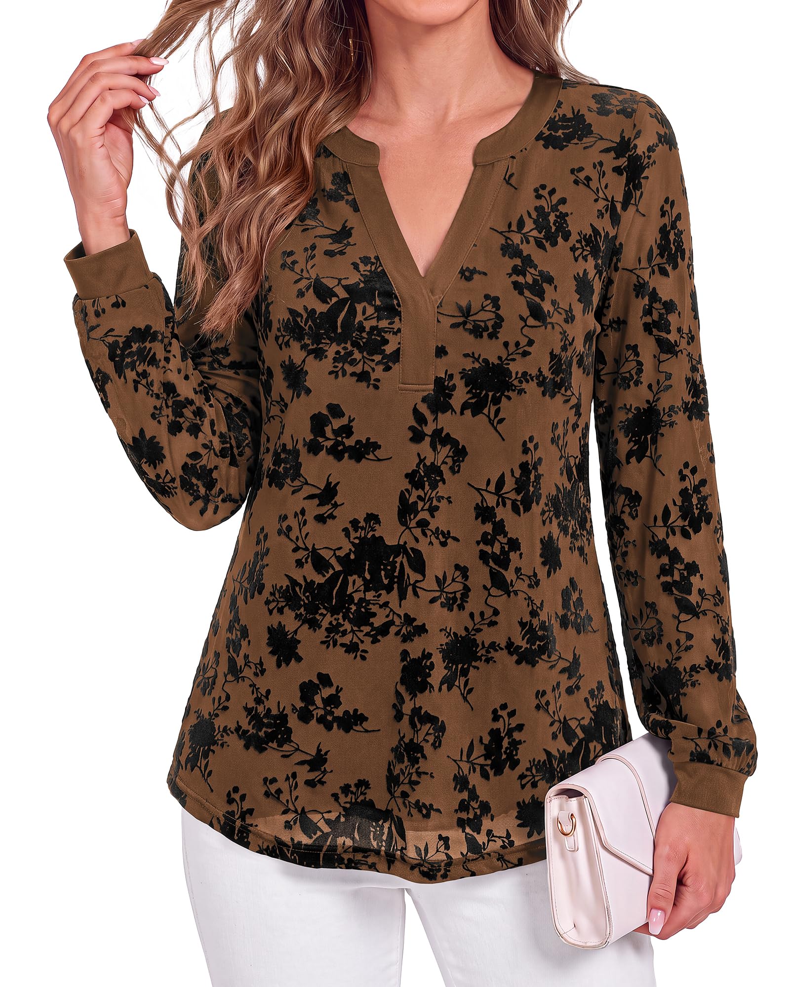 BTFBM Womens Tops Floral Sheer Mesh Long Sleeve Blouses Dressy Casual V Neck Flocked Mesh Shirts,Velvet-Like Flowers,Double Layered,Loose Fit Tunics,Business Casual Top,Fall Fashion Clothing