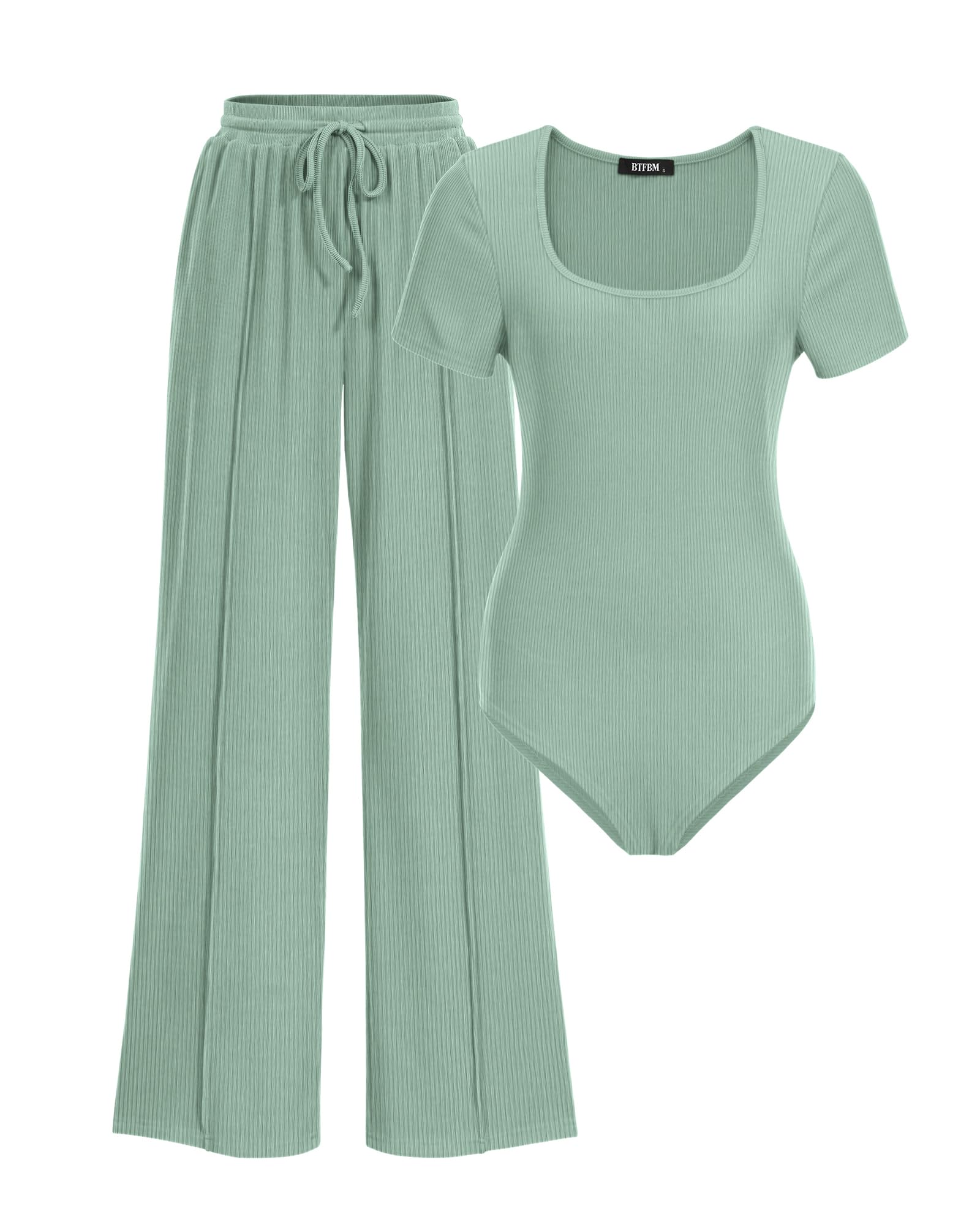 BTFBM Womens Summer 2 Piece Outfits Square Neck Short Sleeve Drawstring Pants Knit Spring Lounge Matching Sets