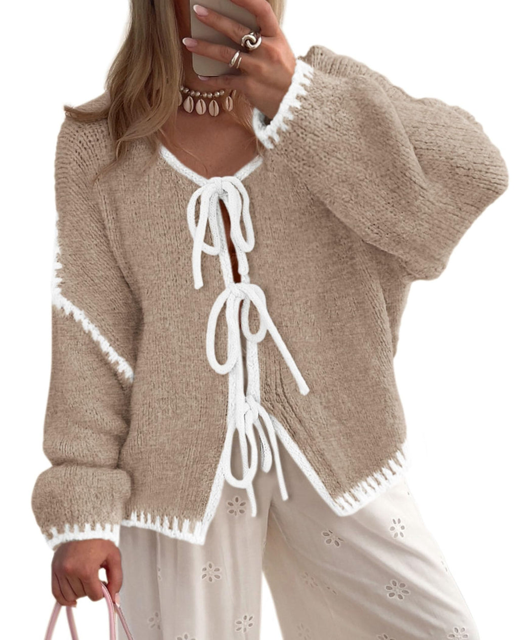 PRETTYGARDEN Women's Tie Front Bow Cardigan Sweaters Chunky Knit Long Puff Sleeve Trendy Fall Winter Jacket Coat